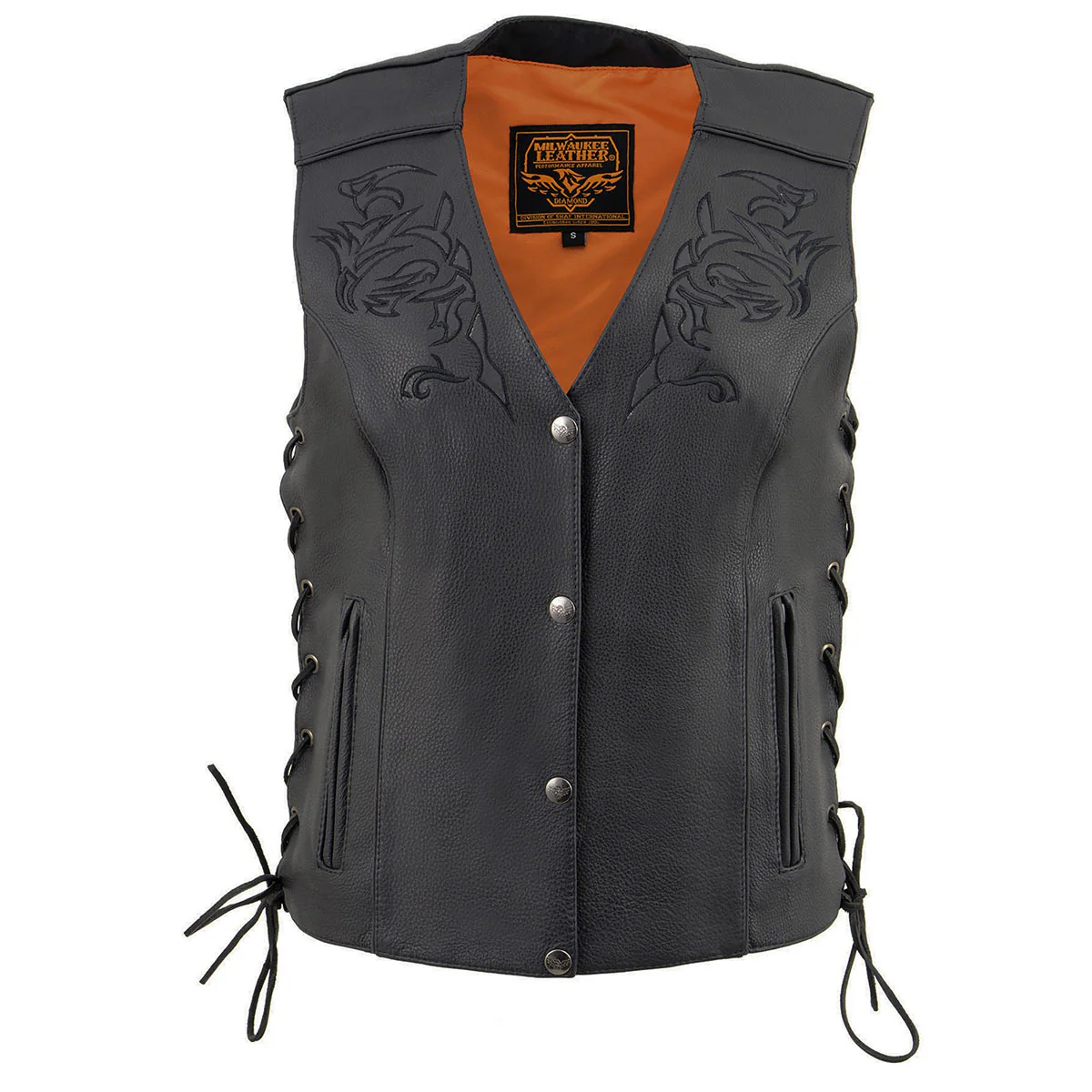 Milwaukee Leather ML1296 Women's Black Leather Side Laced Motorcycle Vest w/ Reflective Tribal - Image 13