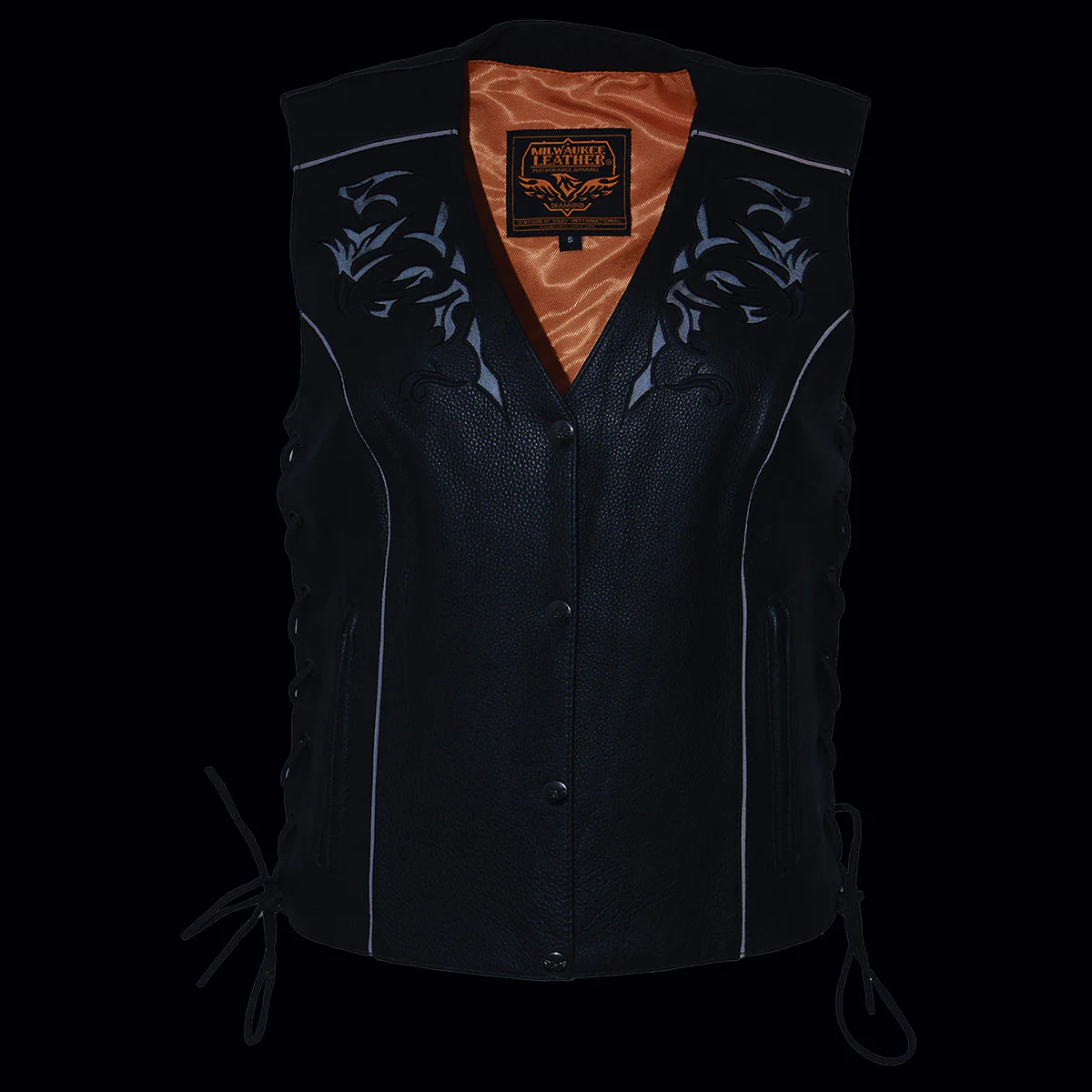 Milwaukee Leather ML1296 Women's Black Leather Side Laced Motorcycle Vest w/ Reflective Tribal - Image 9