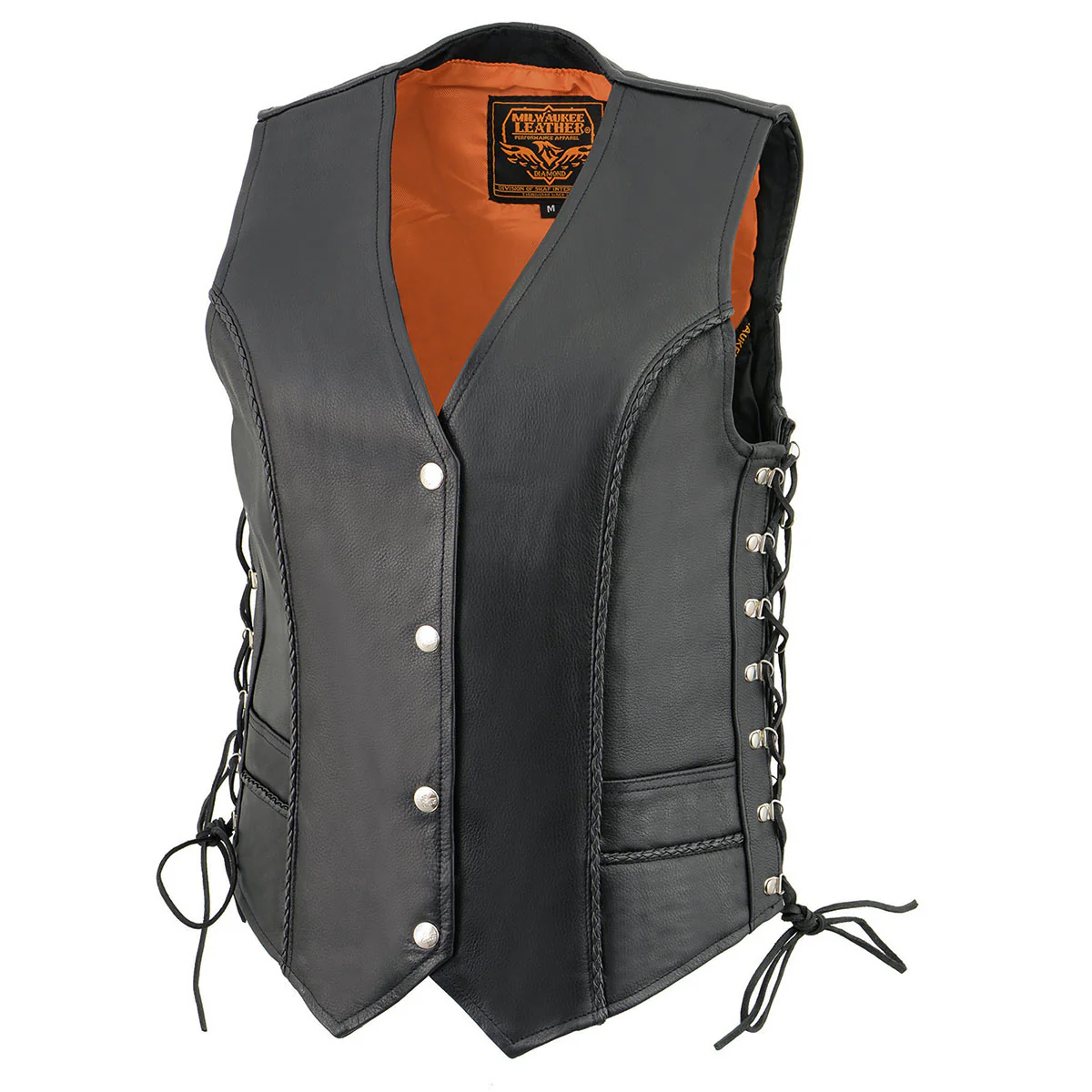 Milwaukee Leather ML2042 Women's Black Braided Premium Leather Motorcycle Rider Vest w/ Side Laces - Image 5