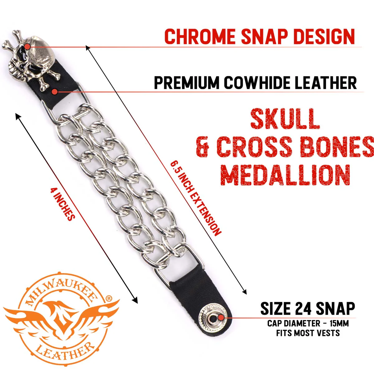 Milwaukee Leather MLA6004SET Skull and Cross Bones 4-PCS Vest Extender Double Chrome Chains w/ Genuine Leather 4" Extension - Image 2