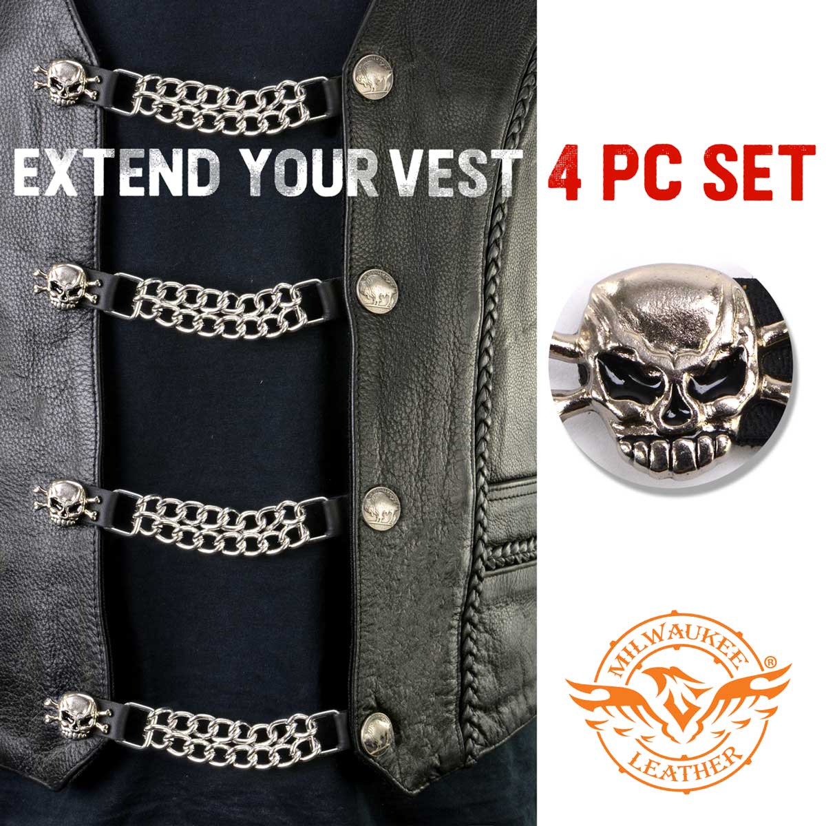 Milwaukee Leather MLA6004SET Skull and Cross Bones 4-PCS Vest Extender Double Chrome Chains w/ Genuine Leather 4" Extension - Image 4