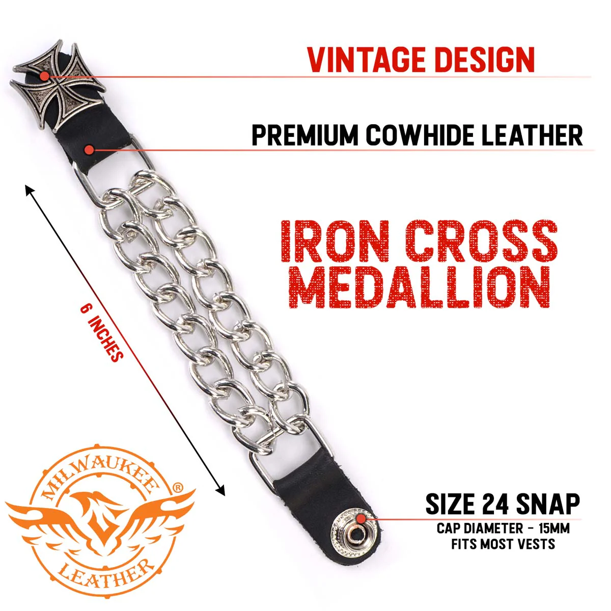 Milwaukee Leather MLA6045SET Iron Cross 4-PCS Vest Extender Double Chrome Chains w/ Genuine Leather 6" Extension - Image 2