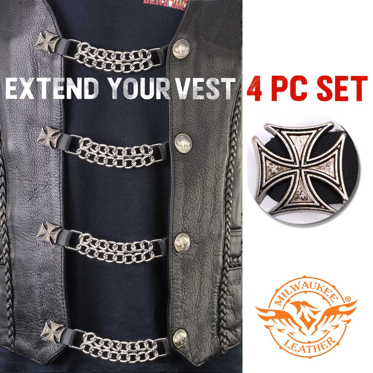 Milwaukee Leather MLA6045SET Iron Cross 4-PCS Vest Extender Double Chrome Chains w/ Genuine Leather 6" Extension - Image 4