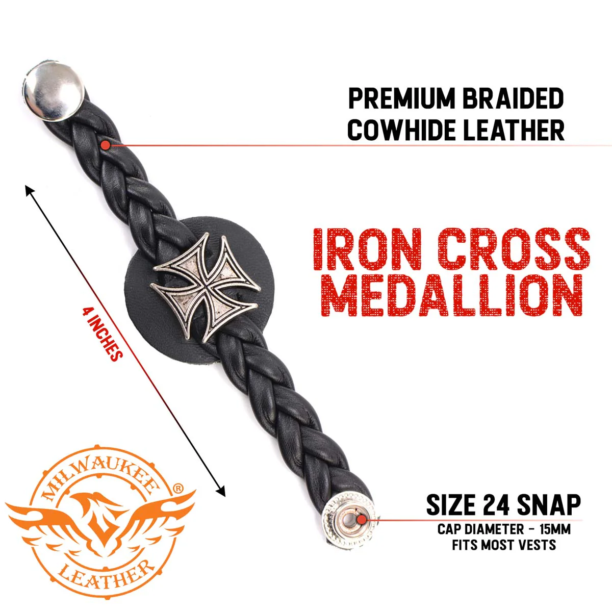 Milwaukee Leather MLA6063SET Iron Cross 4-PCS Vest Extender Double Chrome Chains w/ Genuine Braided Leather 4" Extension - Image 2