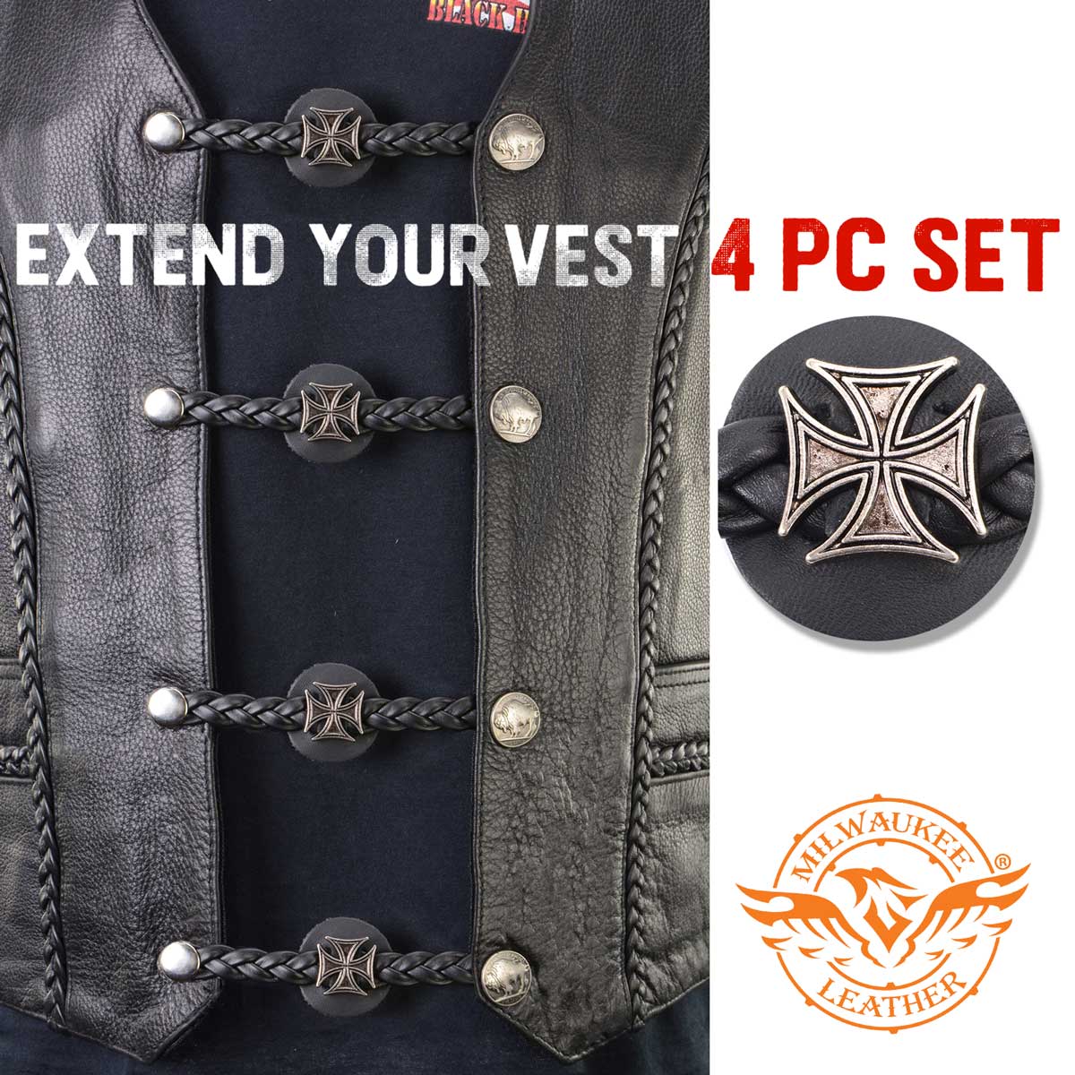 Milwaukee Leather MLA6063SET Iron Cross 4-PCS Vest Extender Double Chrome Chains w/ Genuine Braided Leather 4" Extension - Image 4