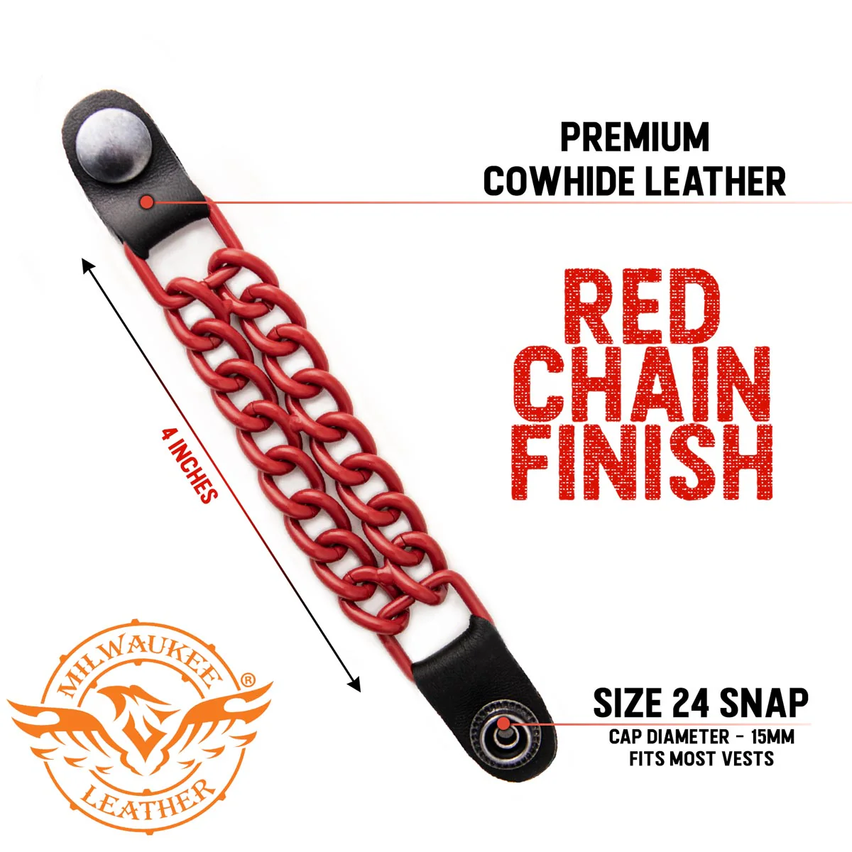 Milwaukee Leather MLA6092 Red 4 Inch 4-PCS Vest Extender Set - Double Chrome Chains w/ Genuine Leather - Image 2