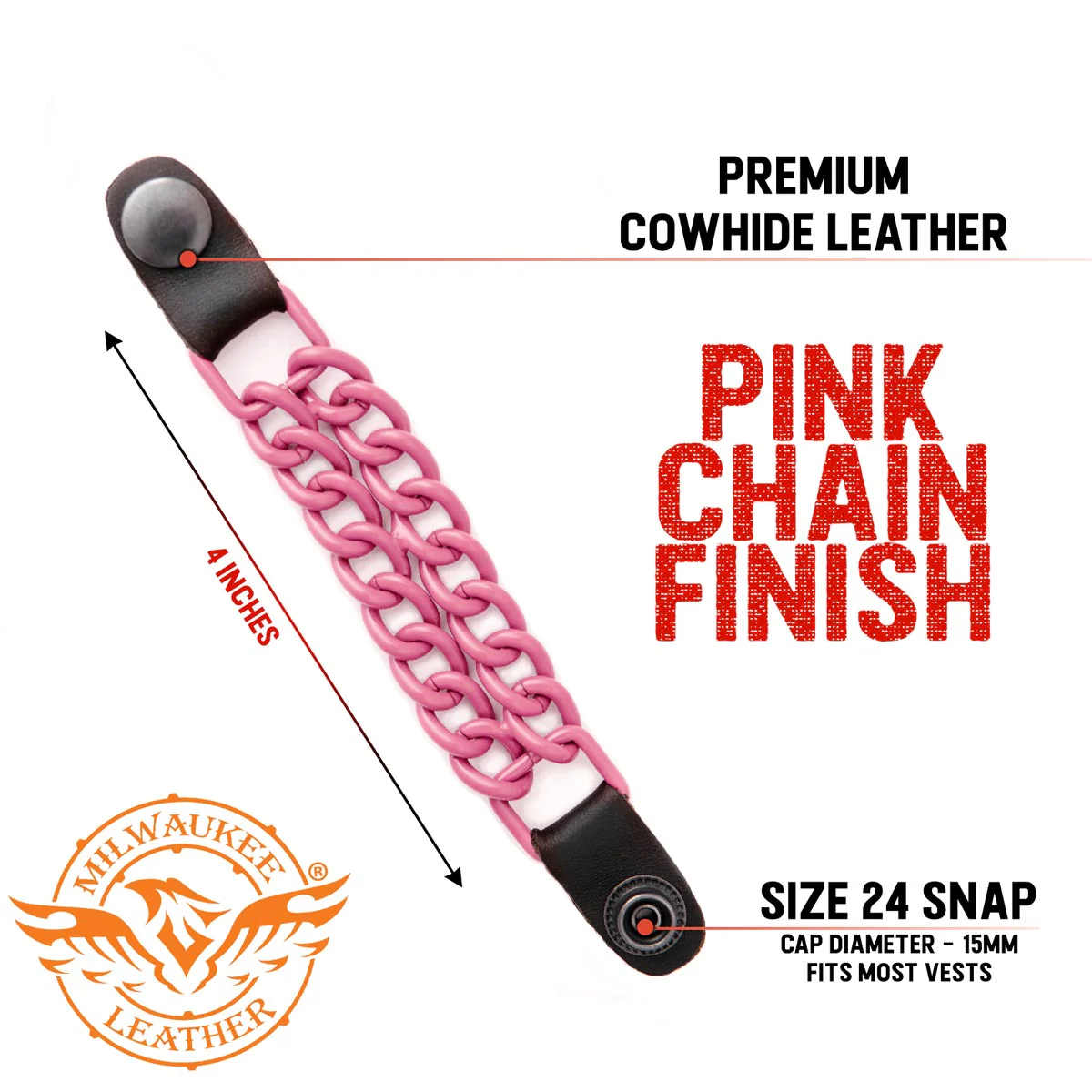 Milwaukee Leather MLA6094 Pink 4 Inch 4-PCS Vest Extender Set - Double Chrome Chains w/ Genuine Leather - Image 2
