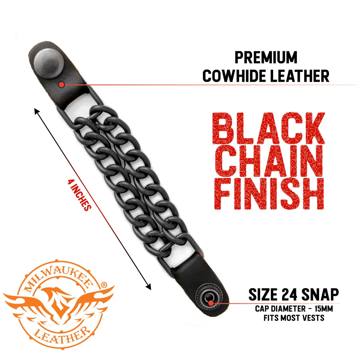 Milwaukee Leather MLA6095 Black 4 Inch 4-PCS Vest Extender Set - Double Chrome Chains w/ Genuine Leather - Image 2
