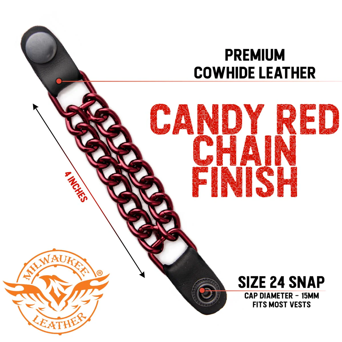 Milwaukee Leather MLA6096 Candy Red 4 Inch 4-PCS Vest Extender Set - Double Chrome Chains w/ Genuine Leather - Image 2