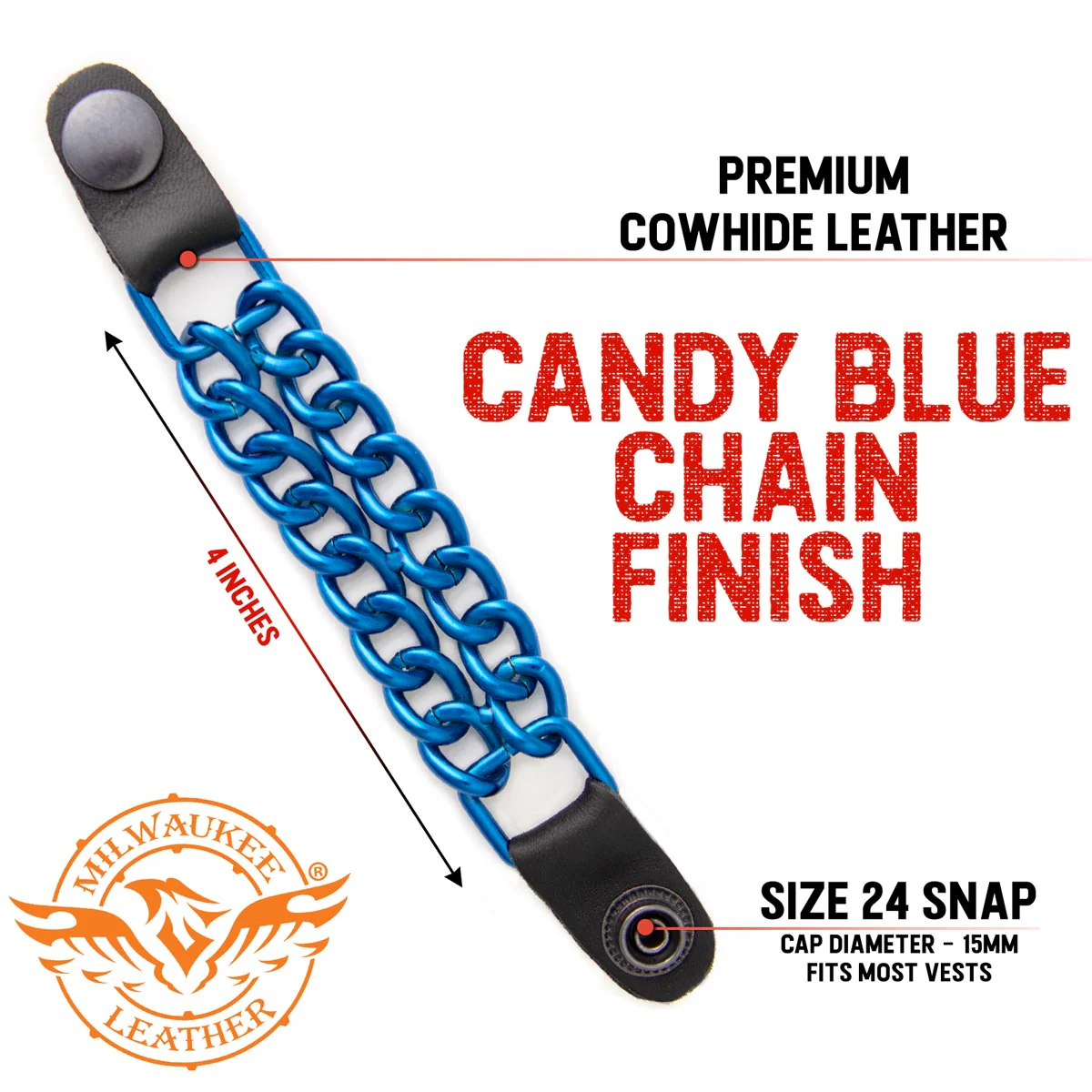 Milwaukee Leather MLA6097 Candy Blue 4 Inch 4-PCS Vest Extender Set - Double Chrome Chains w/ Genuine Leather - Image 2