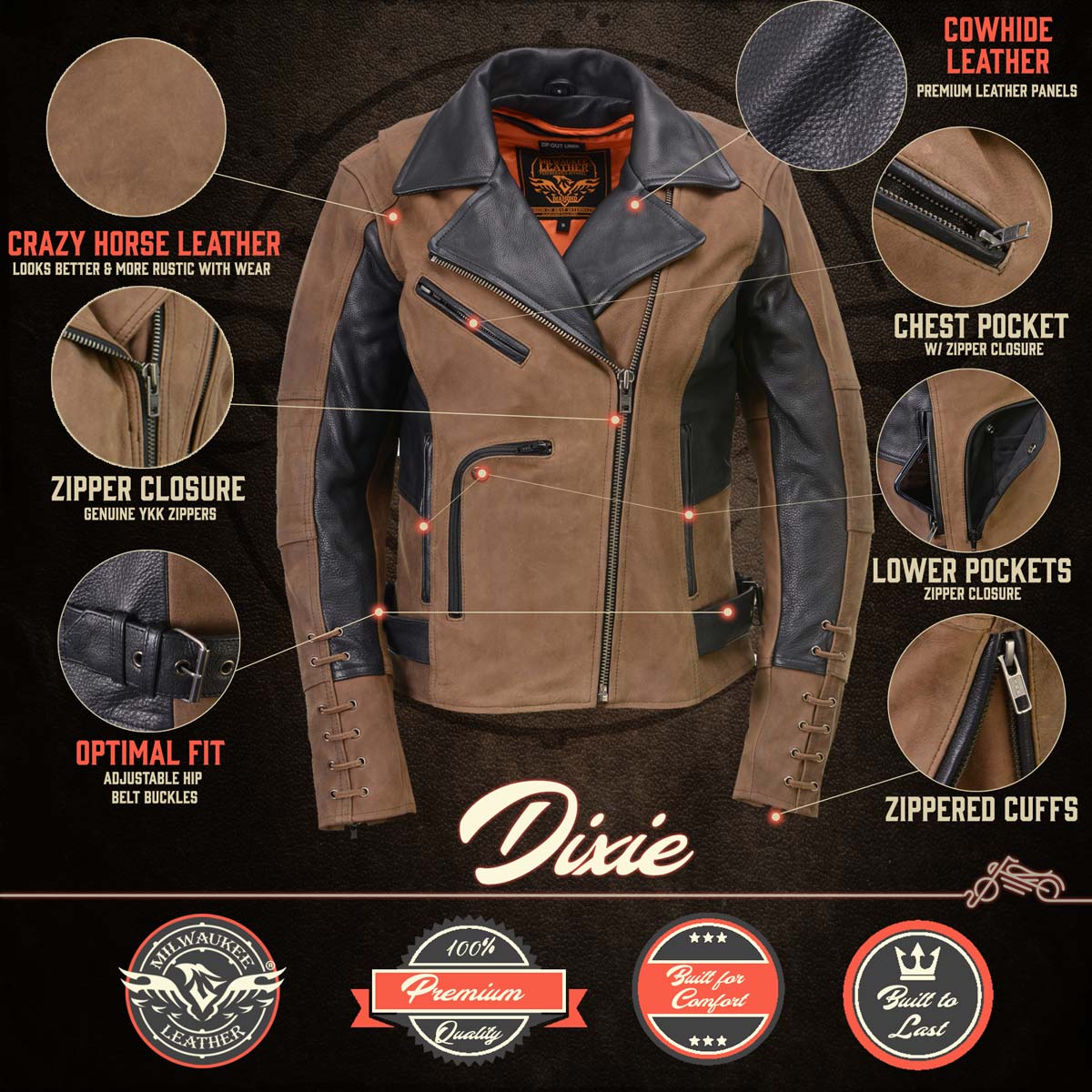 Milwaukee Leather MLL2508 Women's 'Dixie' Vintage Crazy Horse Brown and Black Leather Motorcycle Rider Jacket - Image 3