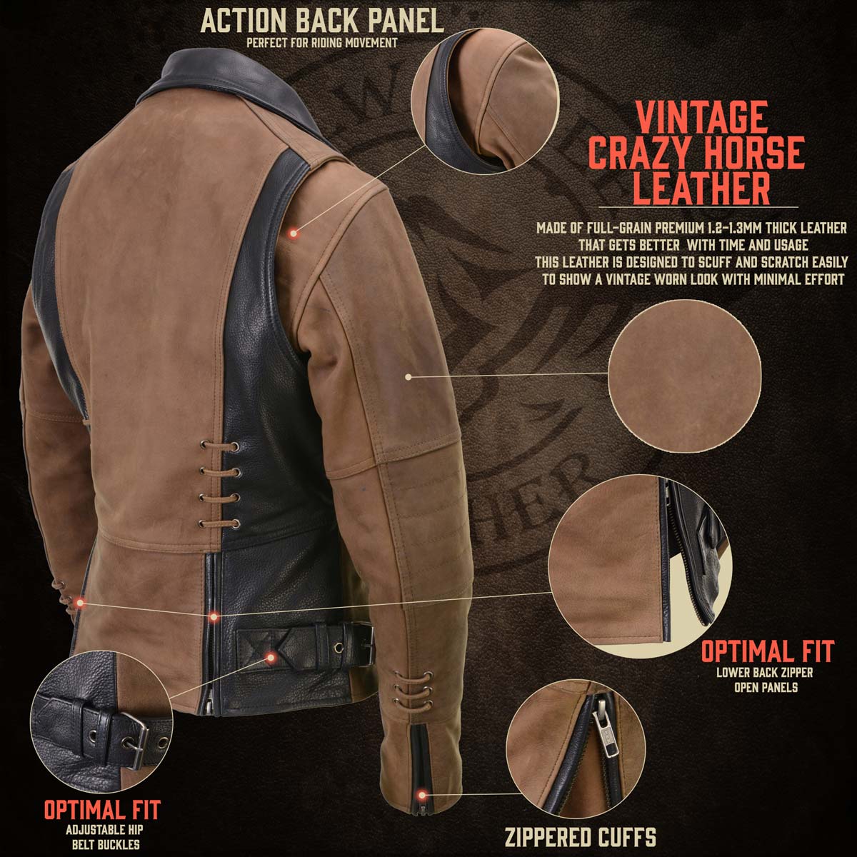 Milwaukee Leather MLL2508 Women's 'Dixie' Vintage Crazy Horse Brown and Black Leather Motorcycle Rider Jacket - Image 6