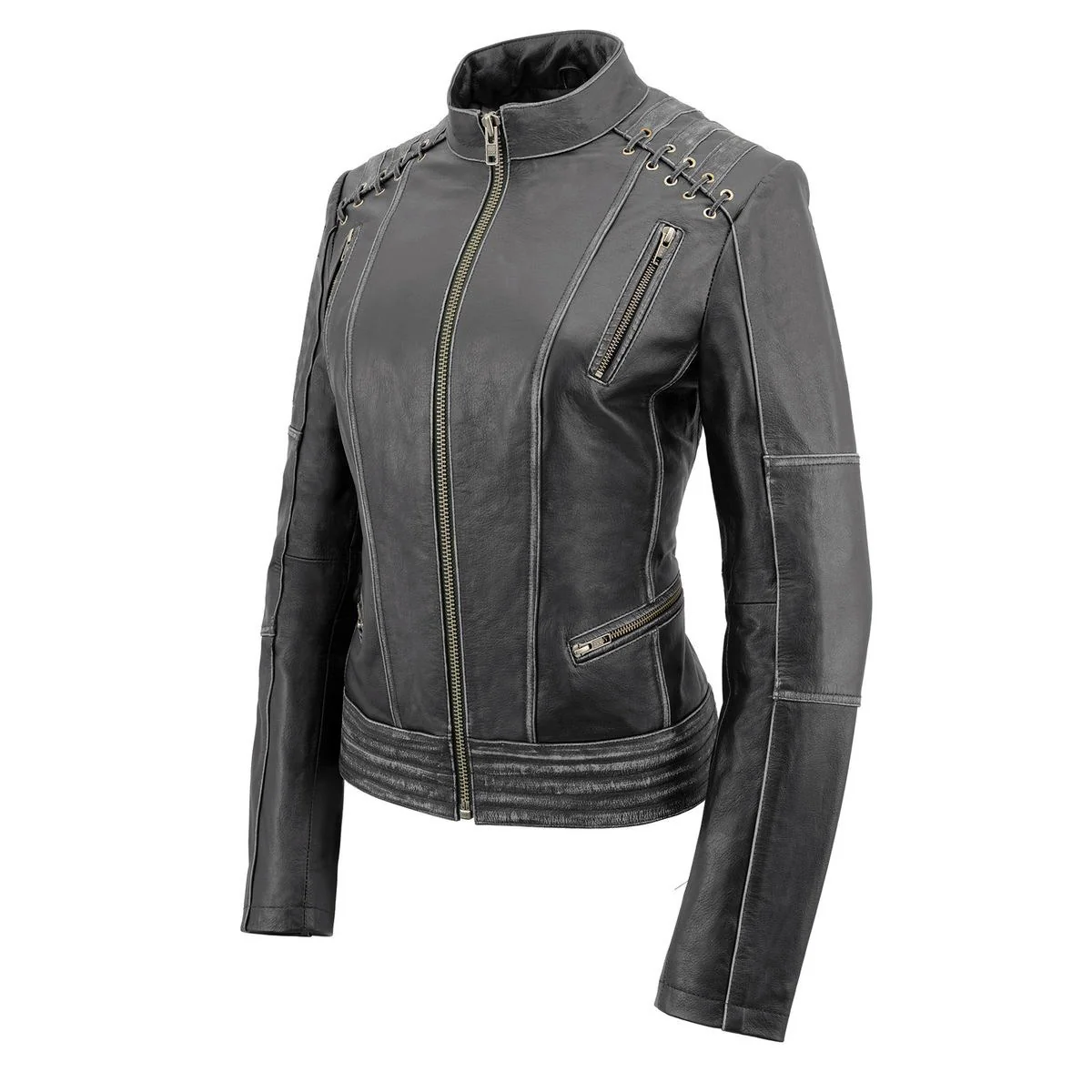 Milwaukee Leather MLL2526 Women's 'Elegant' Distressed Gray Detail Laced Leather Jacket - Image 12