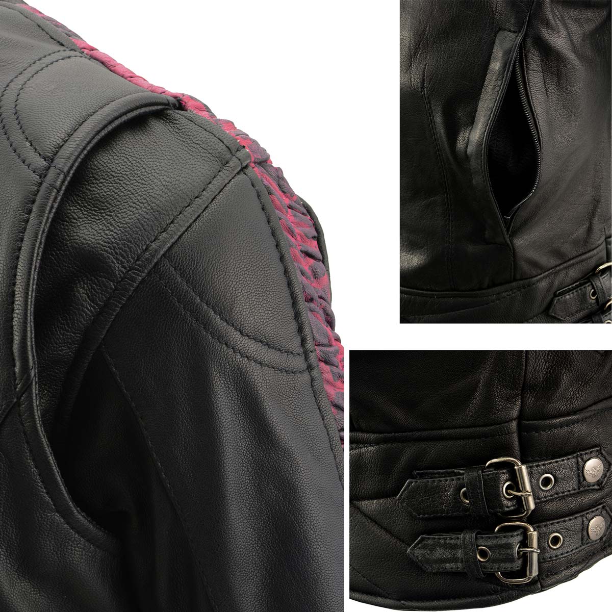 Milwaukee Leather MLL2571 Womens Black and Pink 'Crinkled Arm' Lightweight Racer Jacket - Image 5