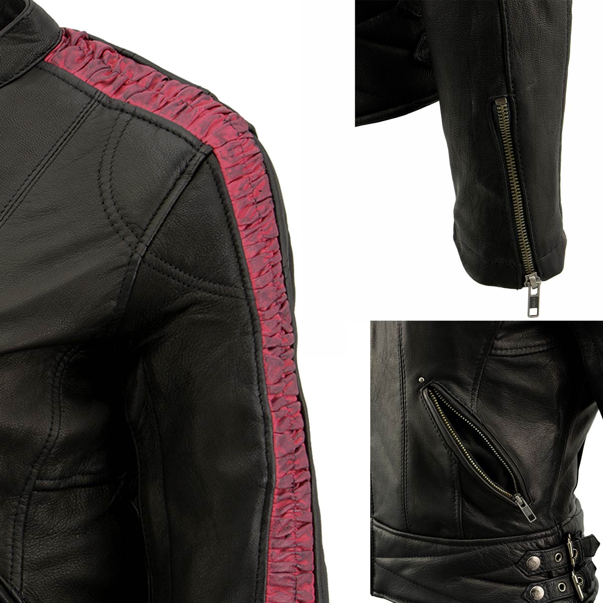 Milwaukee Leather MLL2571 Womens Black and Pink 'Crinkled Arm' Lightweight Racer Jacket - Image 6