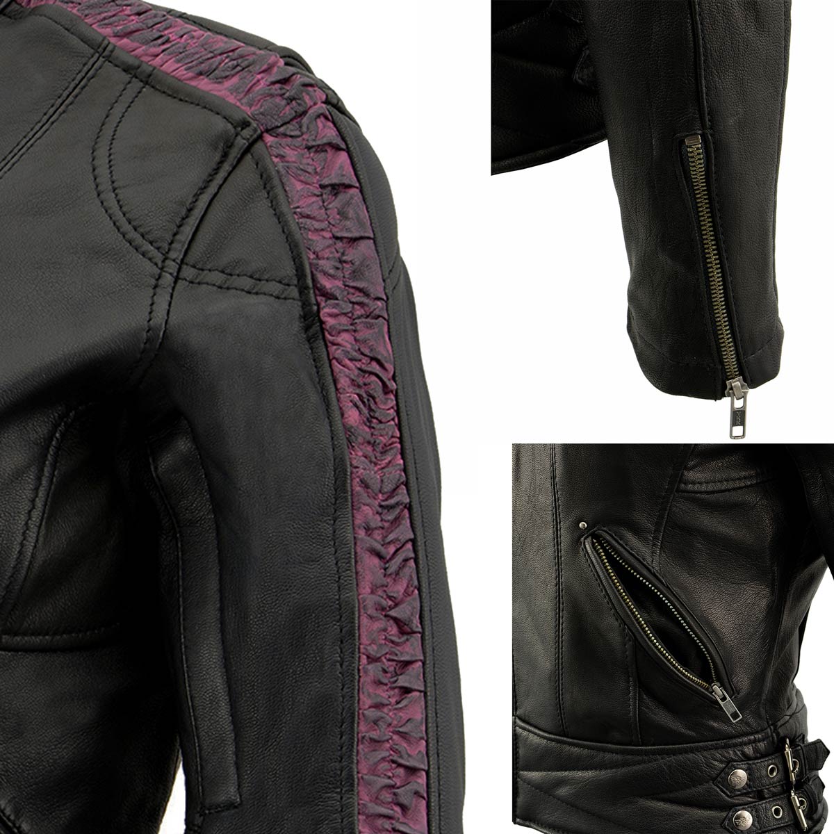 Milwaukee Leather MLL2571 Ladies Black and Purple 'Crinkled Arm' Lightweight Racer Jacket - Image 5