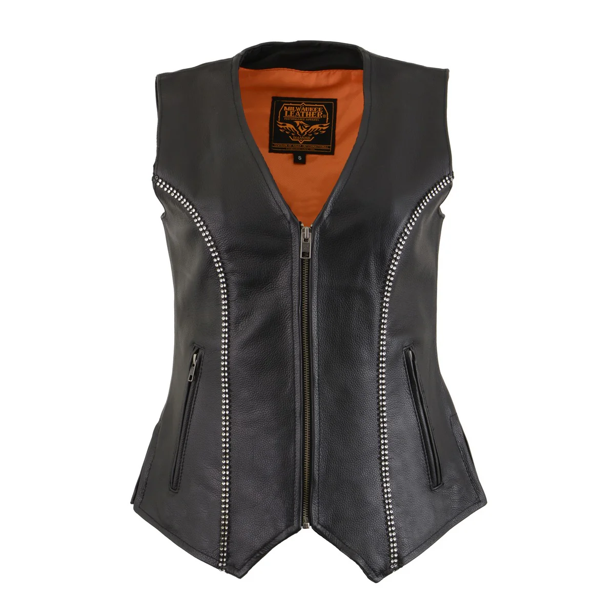 Milwaukee Leather MLL4502 Women's Black Leather Classic V-Neck Motorcycle Rider Vest with Rhinestone Bling Detail - Image 2