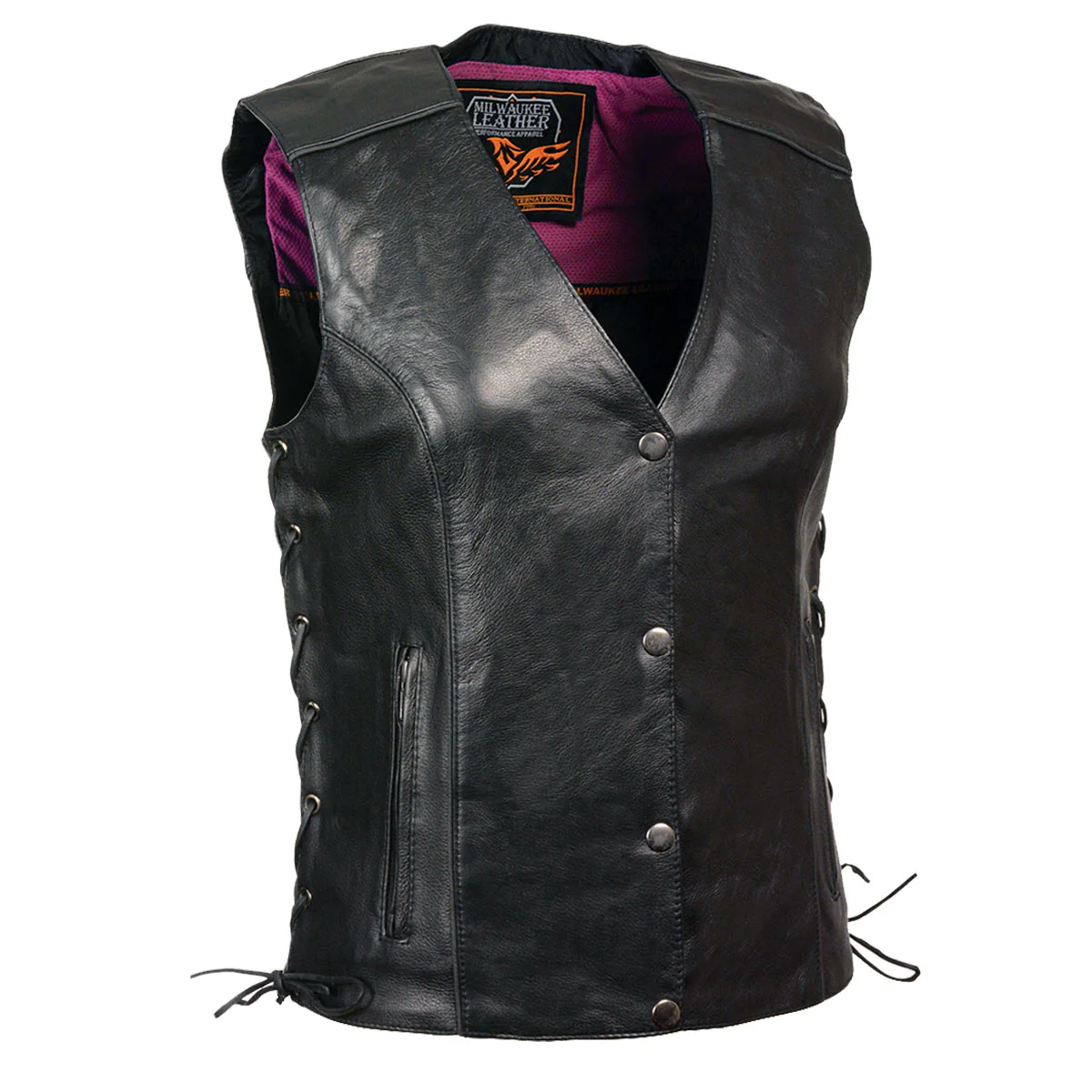 Milwaukee Leather MLL4505 Women's Black Leather Side Lace Motorcycle Rider Vest- Reflective and Studded Pink Wings - Image 2
