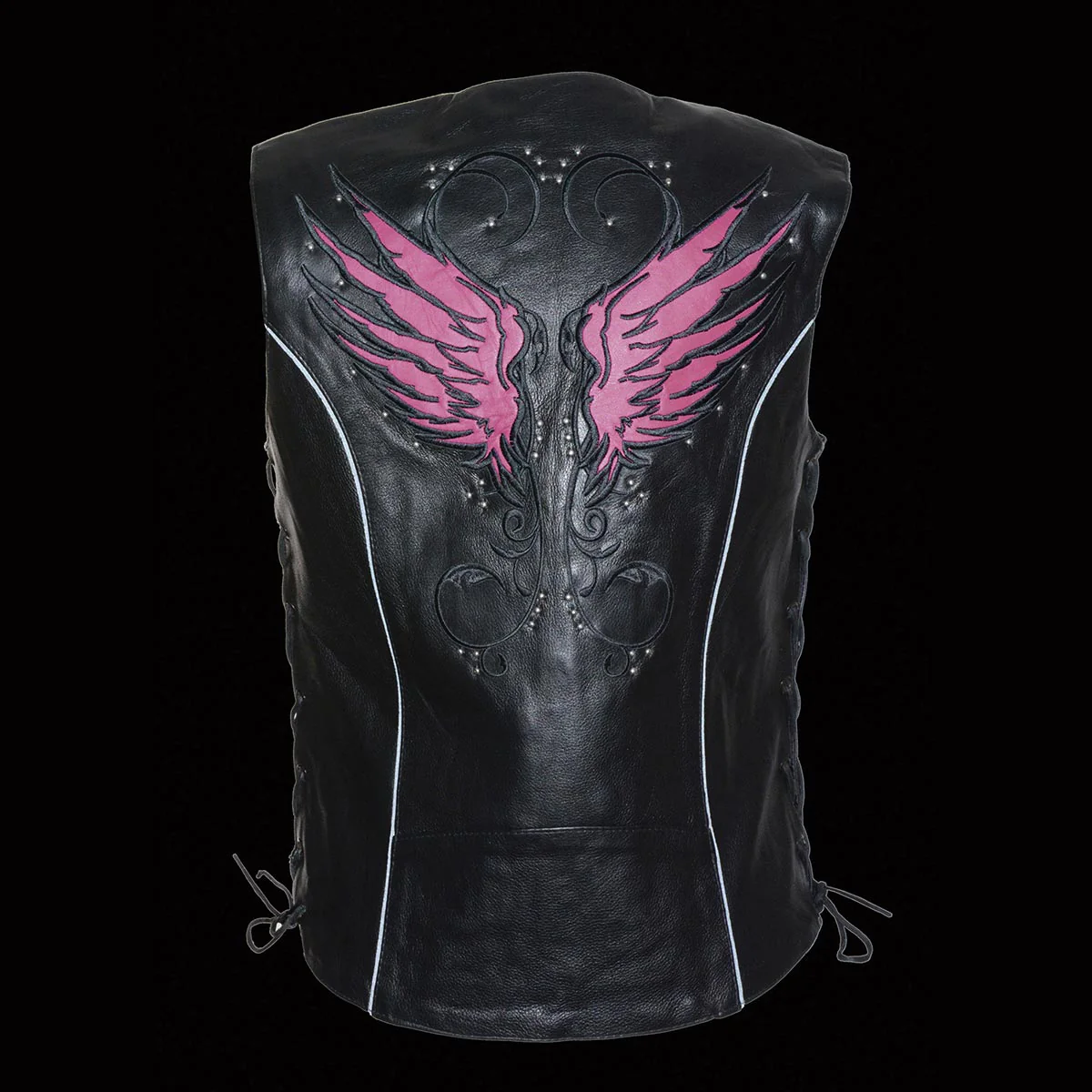 Milwaukee Leather MLL4505 Women's Black Leather Side Lace Motorcycle Rider Vest- Reflective and Studded Pink Wings - Image 4