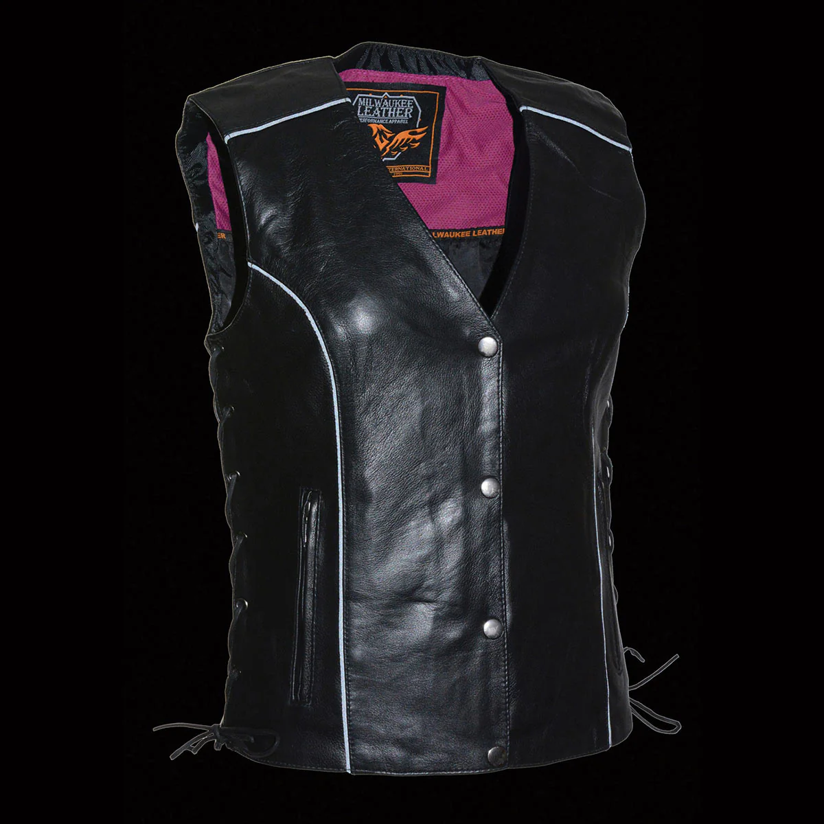 Milwaukee Leather MLL4505 Women's Black Leather Side Lace Motorcycle Rider Vest- Reflective and Studded Pink Wings - Image 5