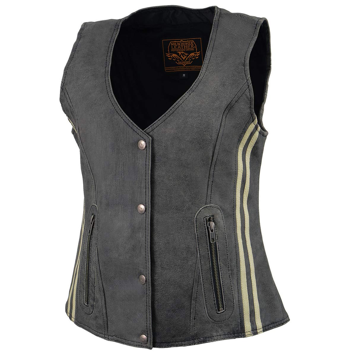 Milwaukee Leather MLL4506 Women's Grey Leather Vintage Slate Snap Front Vest with Racing Stripes - Image 5