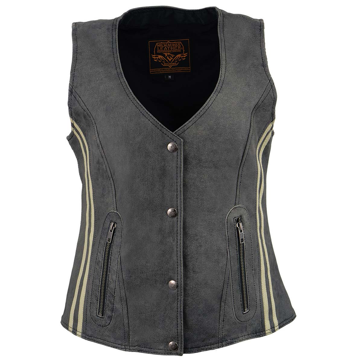 Milwaukee Leather MLL4506 Women's Grey Leather Vintage Slate Snap Front Vest with Racing Stripes - Image 7