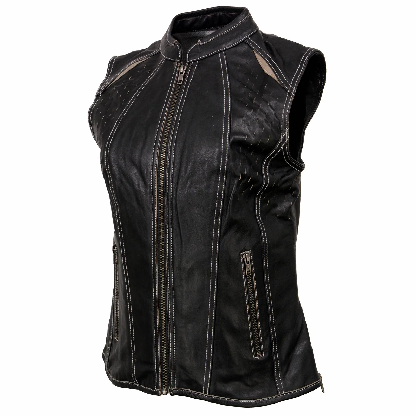 Milwaukee Leather MLL4507 Women's Black Leather Grey Accented Laser Cut Vented Scuba Style Motorcycle Rider Vest - Image 10