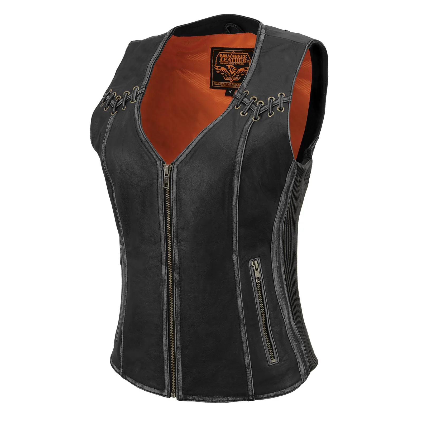 Milwaukee Leather MLL4526 Women's Distress Grey Leather Motorcycle Rider Vest- Stretch Side Panel W/ Lacing Detail - Image 9