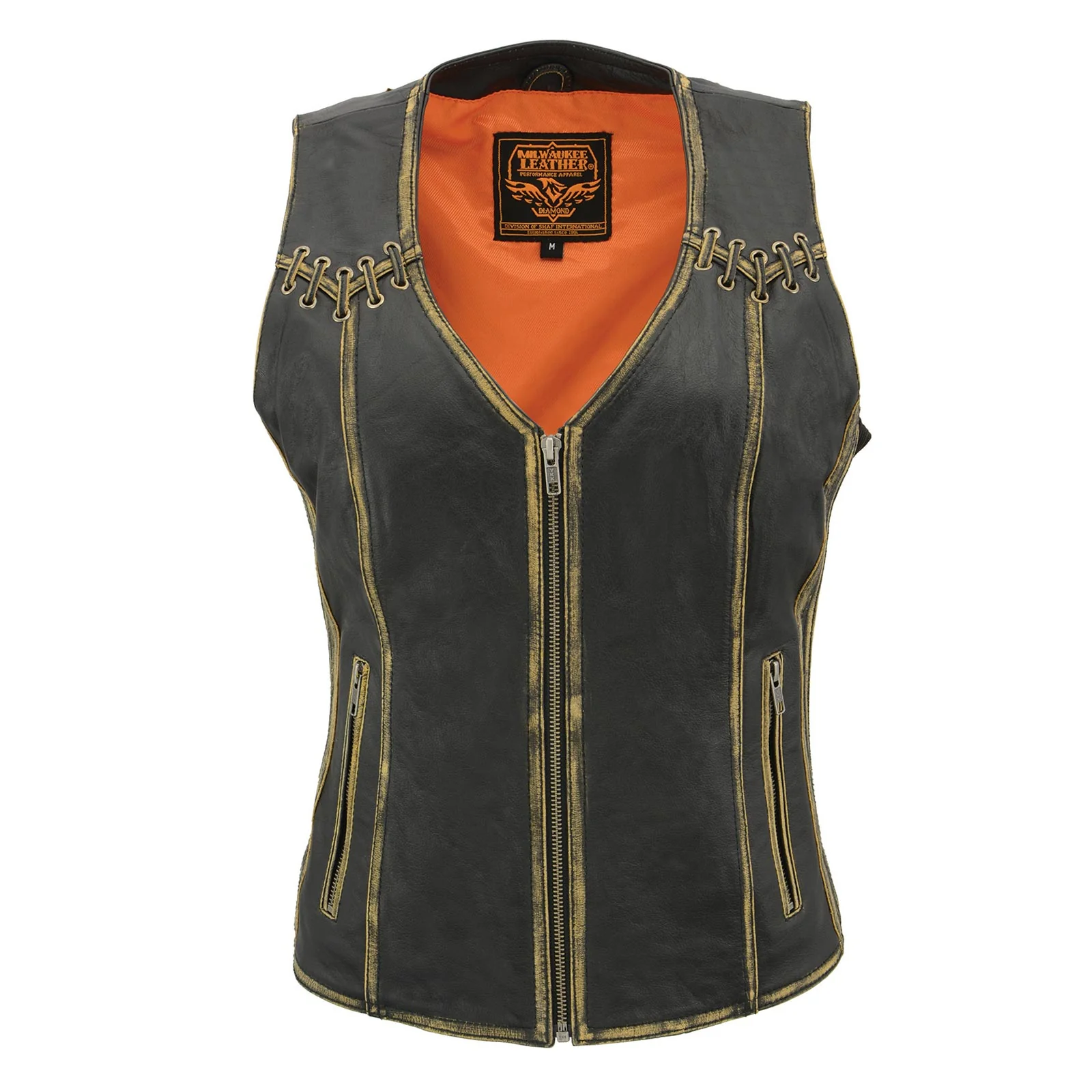 Milwaukee Leather MLL4527 Women's Stretch Side Panel Distress Brown Leather Motorcycle Rider Vest w/ Lacing Detail - Image 11