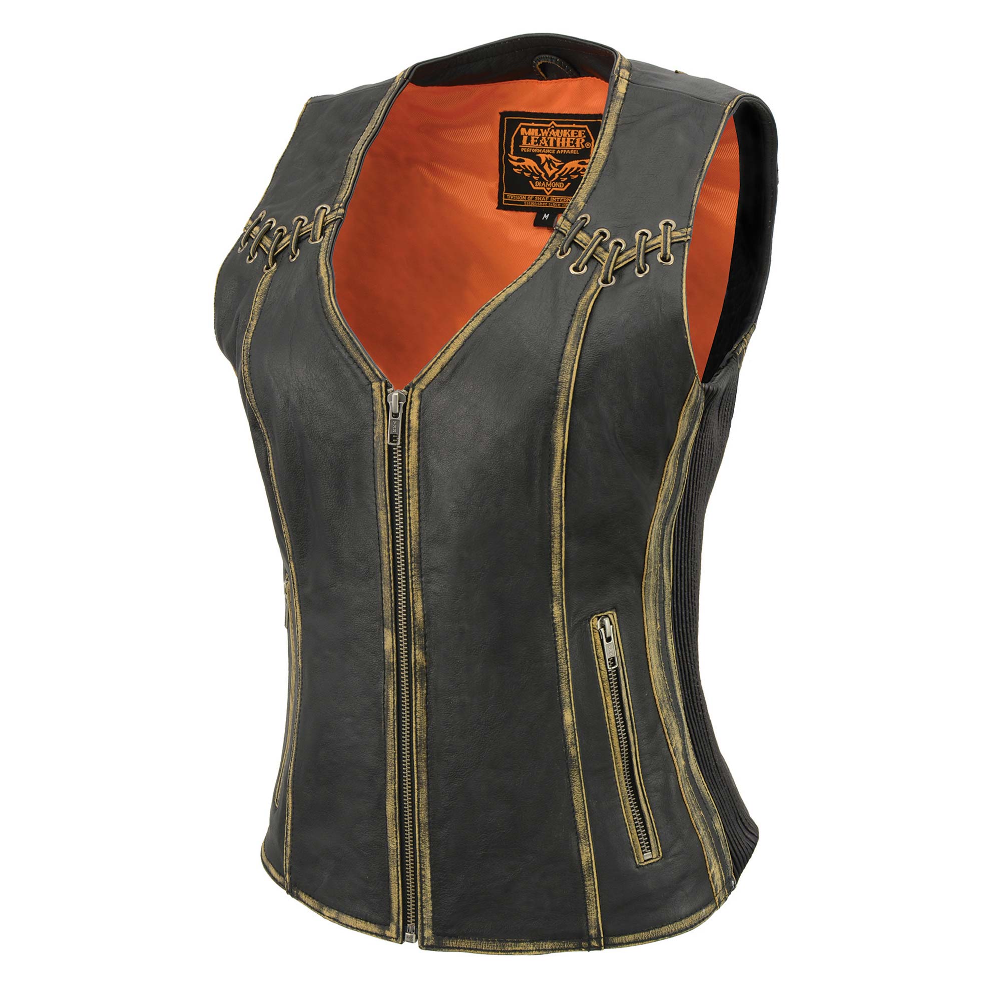 Milwaukee Leather MLL4527 Women's Stretch Side Panel Distress Brown Leather Motorcycle Rider Vest w/ Lacing Detail - Image 9