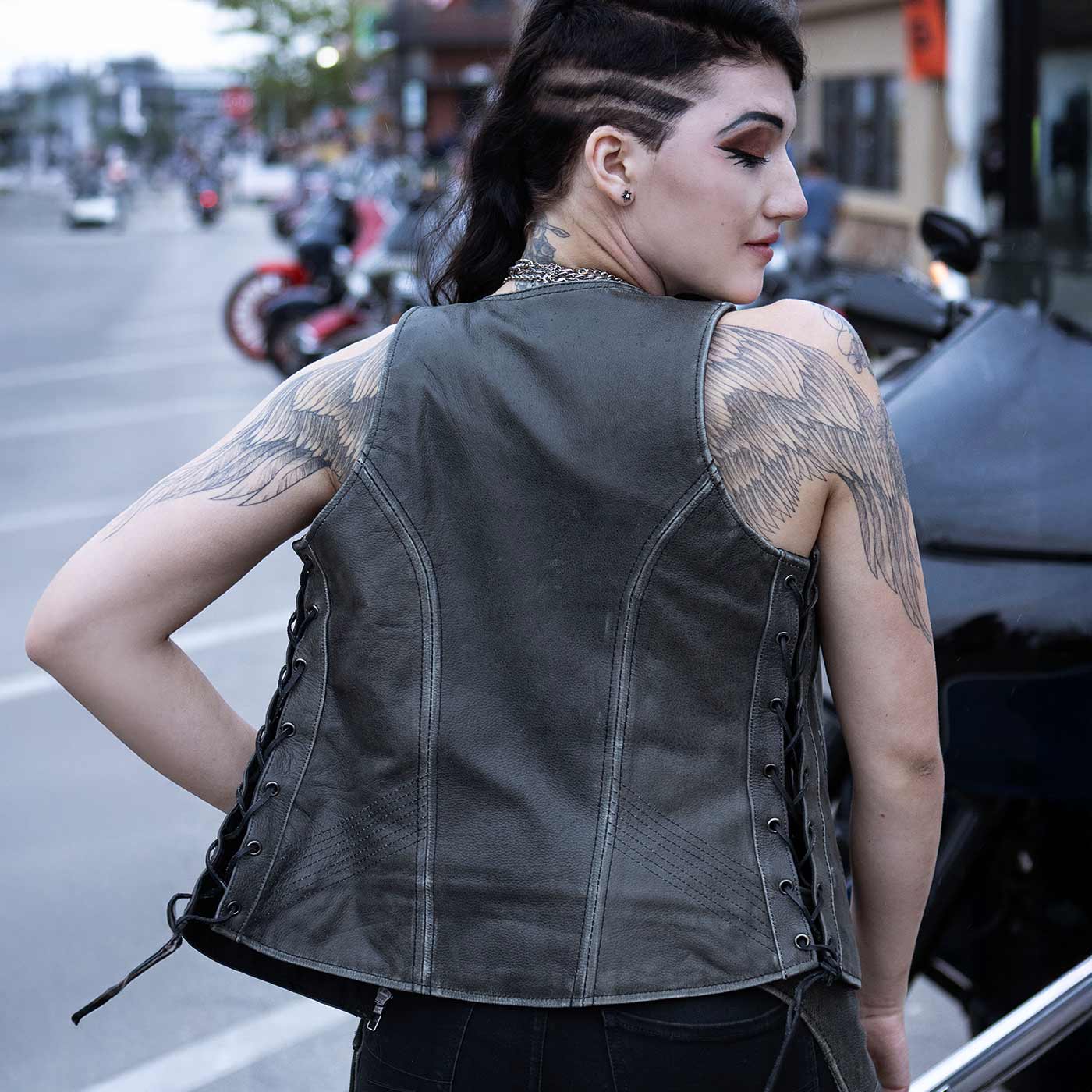 Milwaukee Leather Women's V-Neck Distress Grey Premium Leather Motorcycle Rider Vest w/ Side Laces MLL4531 - Image 2