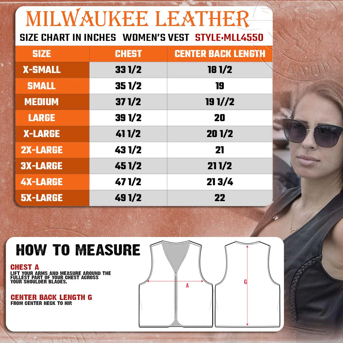 Milwaukee Leather MLL4550 Women's Black Premium Leather Classic Braided Deep V-Neck Motorcycle Rider Vest W/Front Zip - Image 3