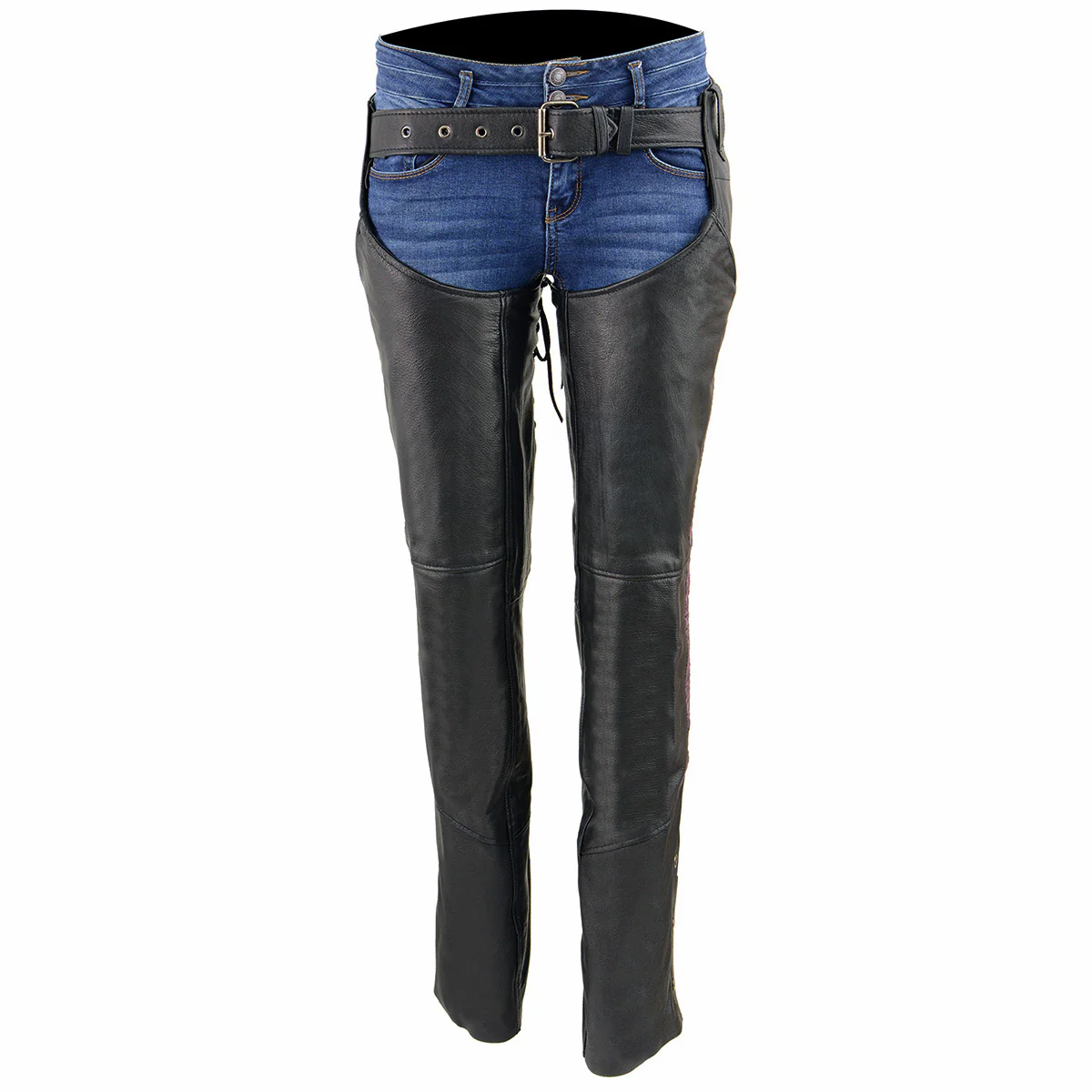 Milwaukee Leather Chaps for Women Black Lightweight Goat Skin- Crinkled Stripes Reflective Motorcycle Chap- MLL6501 - Image 7