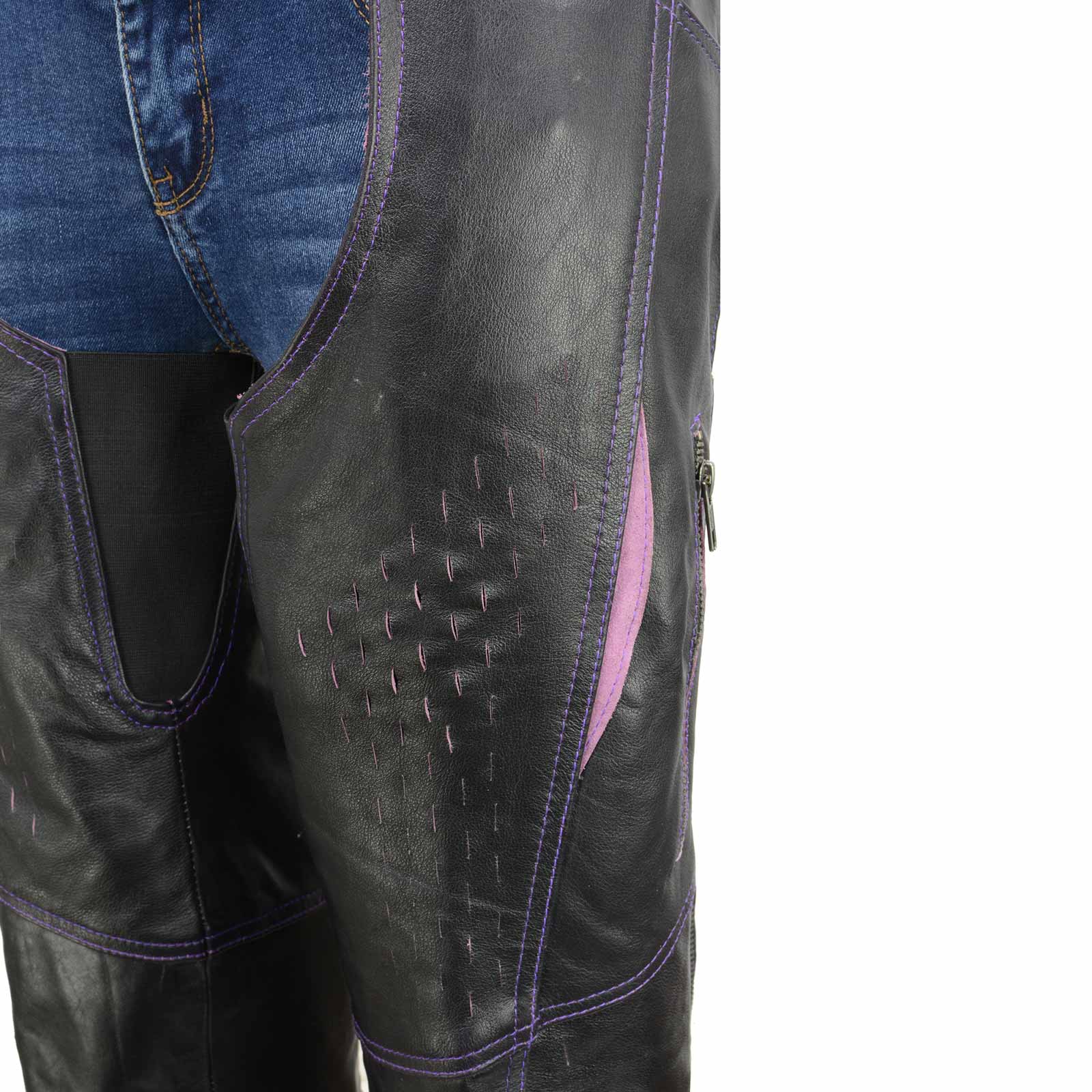 Milwaukee Leather Chaps for Women Black and Purple Premium Skin Laser Cut Accent Stitching Motorcycle Chap- MLL6525 - Image 5