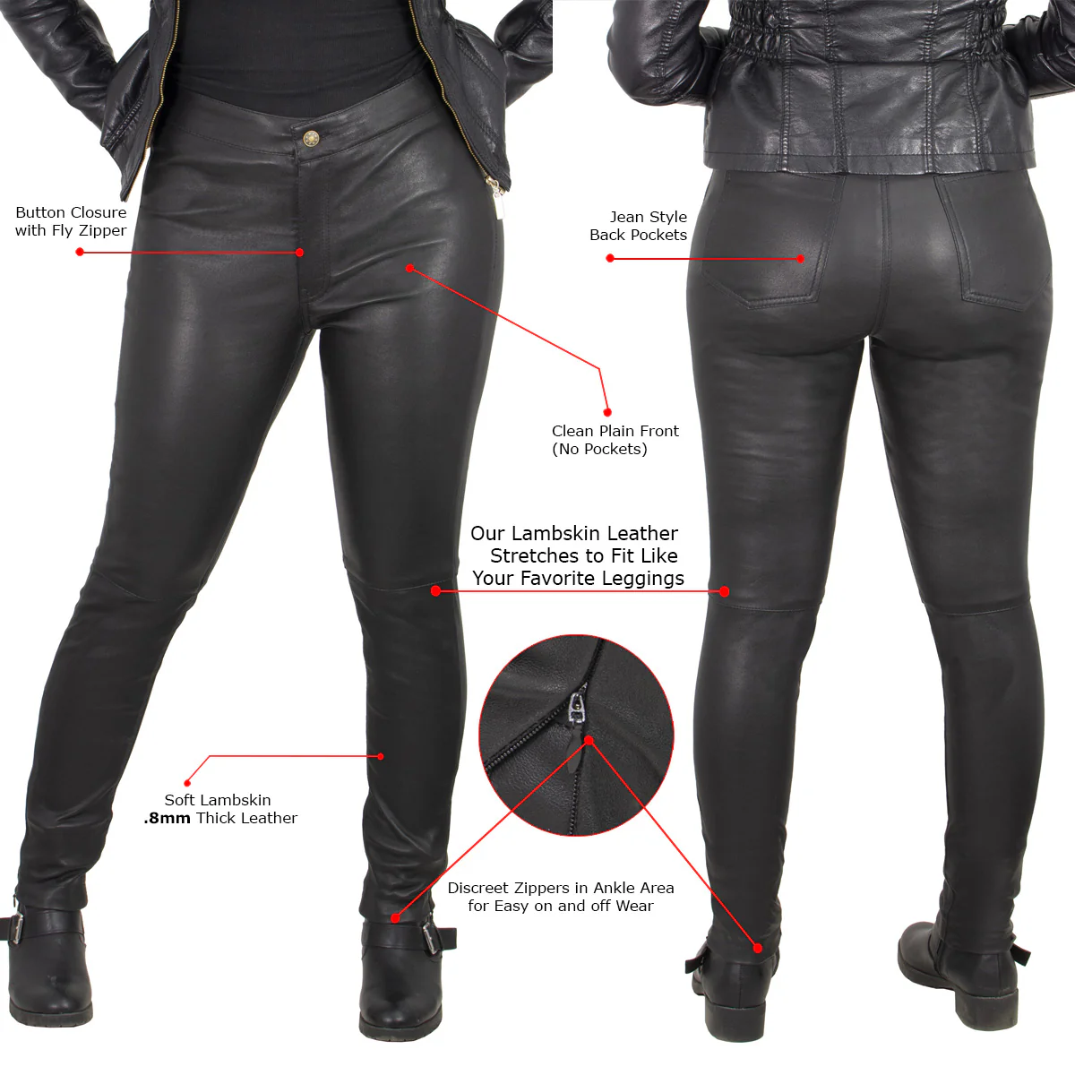 Milwaukee Leather MLL6690 'Sandy' Women’s Black Lambskin Stretch Leather Pants - Image 5