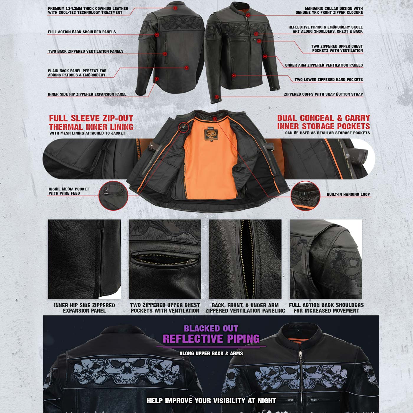 Milwaukee Leather MLM1501 Men's Reflective Skulls Premium Black Leather Motorcycle Jacket w/ Cool-Tec Treatement - Image 4