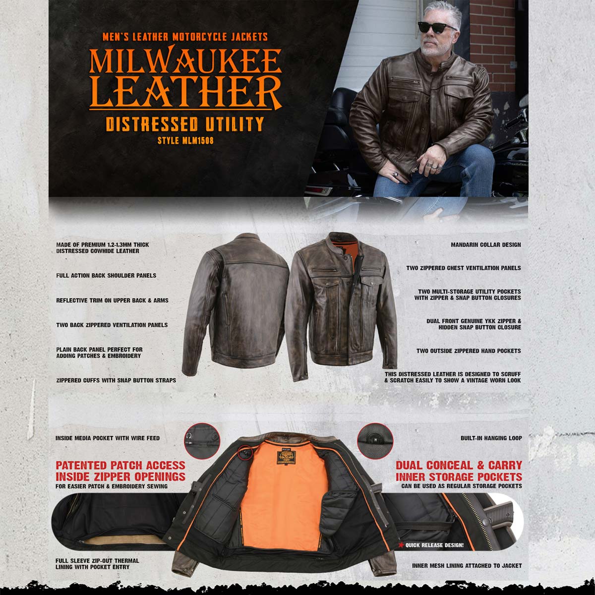 Milwaukee Leather MLM1508 Men's Distressed Brown Premium Leather Motorcycle Rider Jacket - Image 2