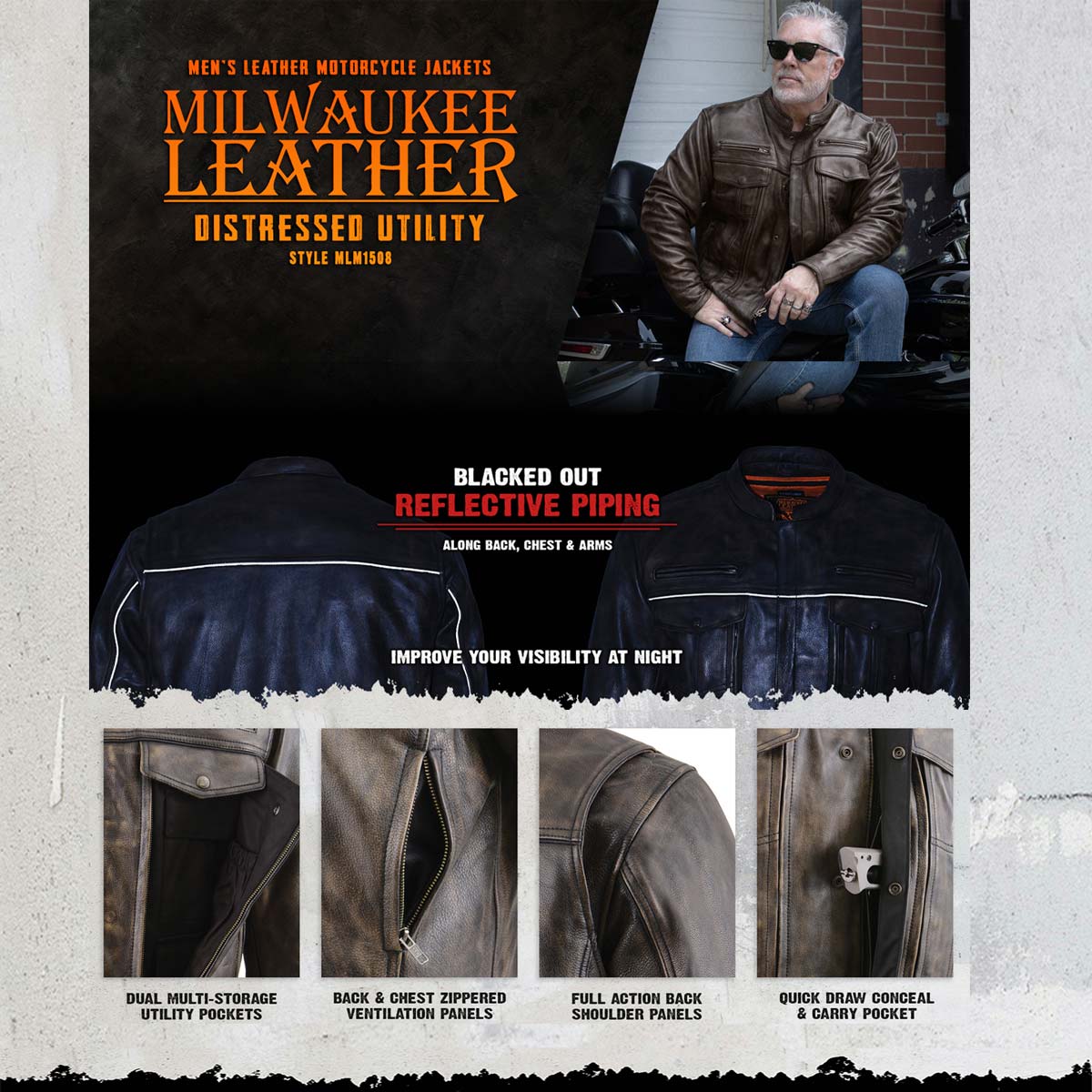 Milwaukee Leather MLM1508 Men's Distressed Brown Premium Leather Motorcycle Rider Jacket - Image 4