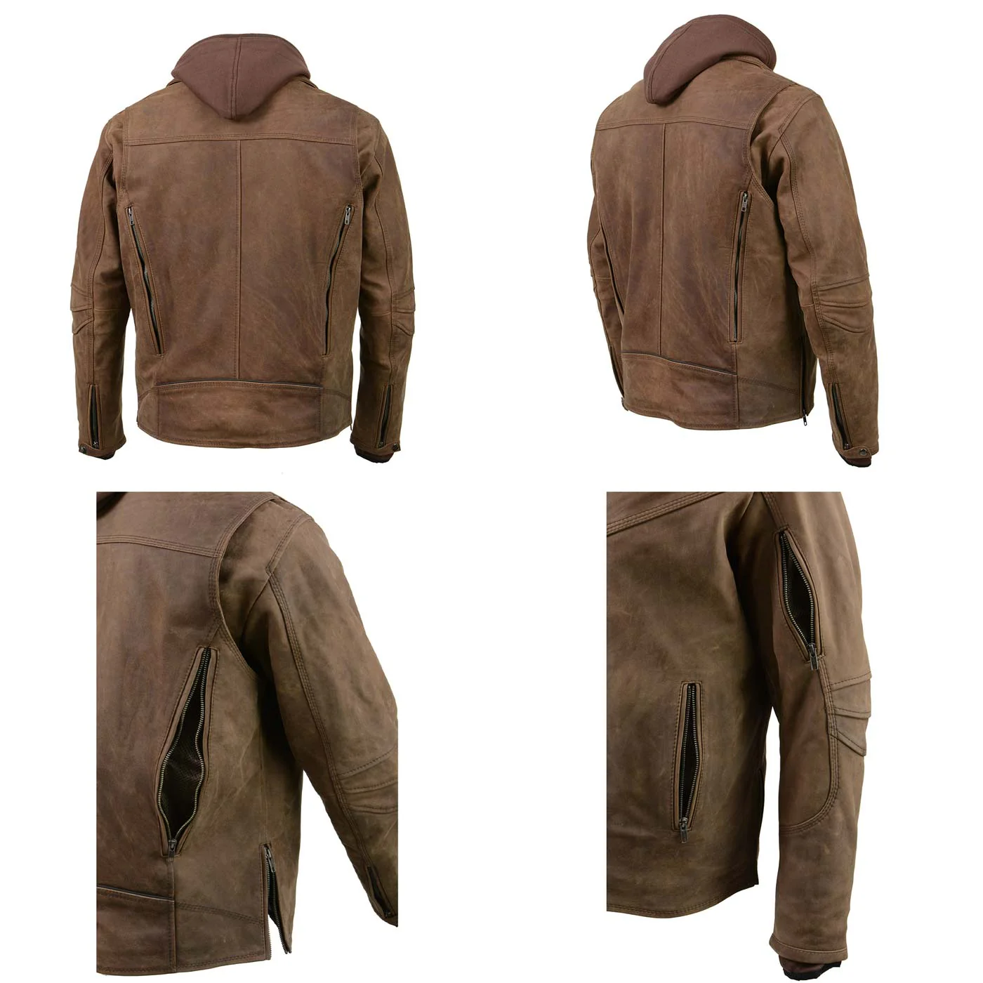 Milwaukee Leather MLM1511 Men's 'Vagabond' Vintage Crazy Horse' Brown Leather Jacket w/ Removable Hoodie - Image 12