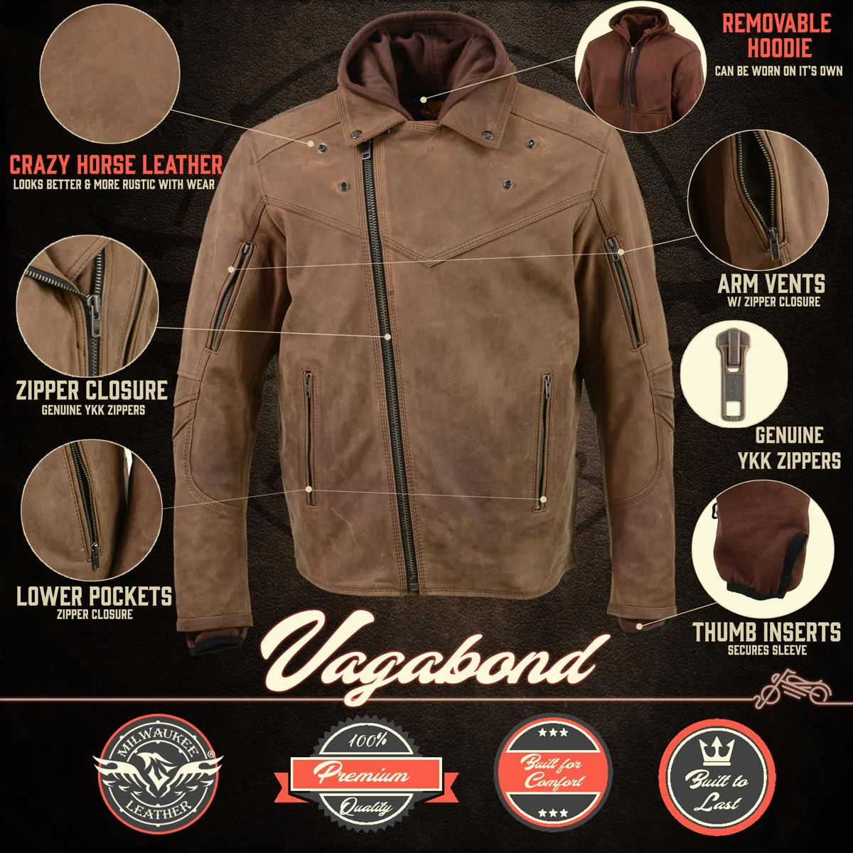 Milwaukee Leather MLM1511 Men's 'Vagabond' Vintage Crazy Horse' Brown Leather Jacket w/ Removable Hoodie - Image 2
