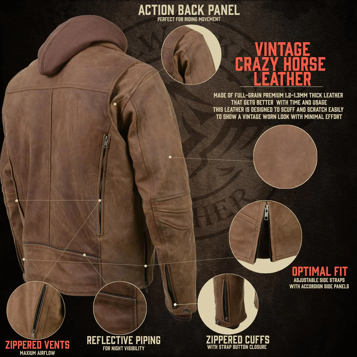 Milwaukee Leather MLM1511 Men's 'Vagabond' Vintage Crazy Horse' Brown Leather Jacket w/ Removable Hoodie - Image 6