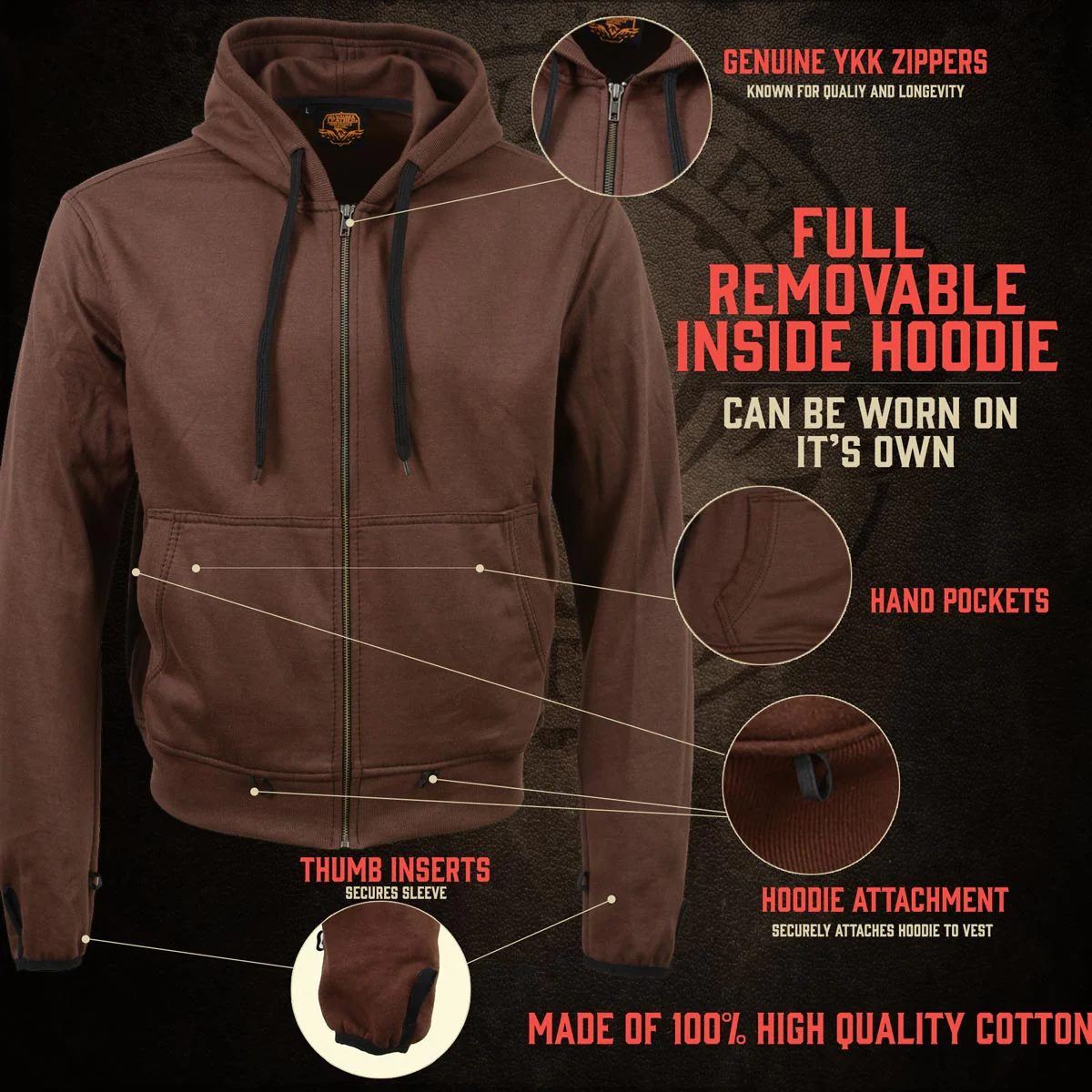 Milwaukee Leather MLM1511 Men's 'Vagabond' Vintage Crazy Horse' Brown Leather Jacket w/ Removable Hoodie - Image 9
