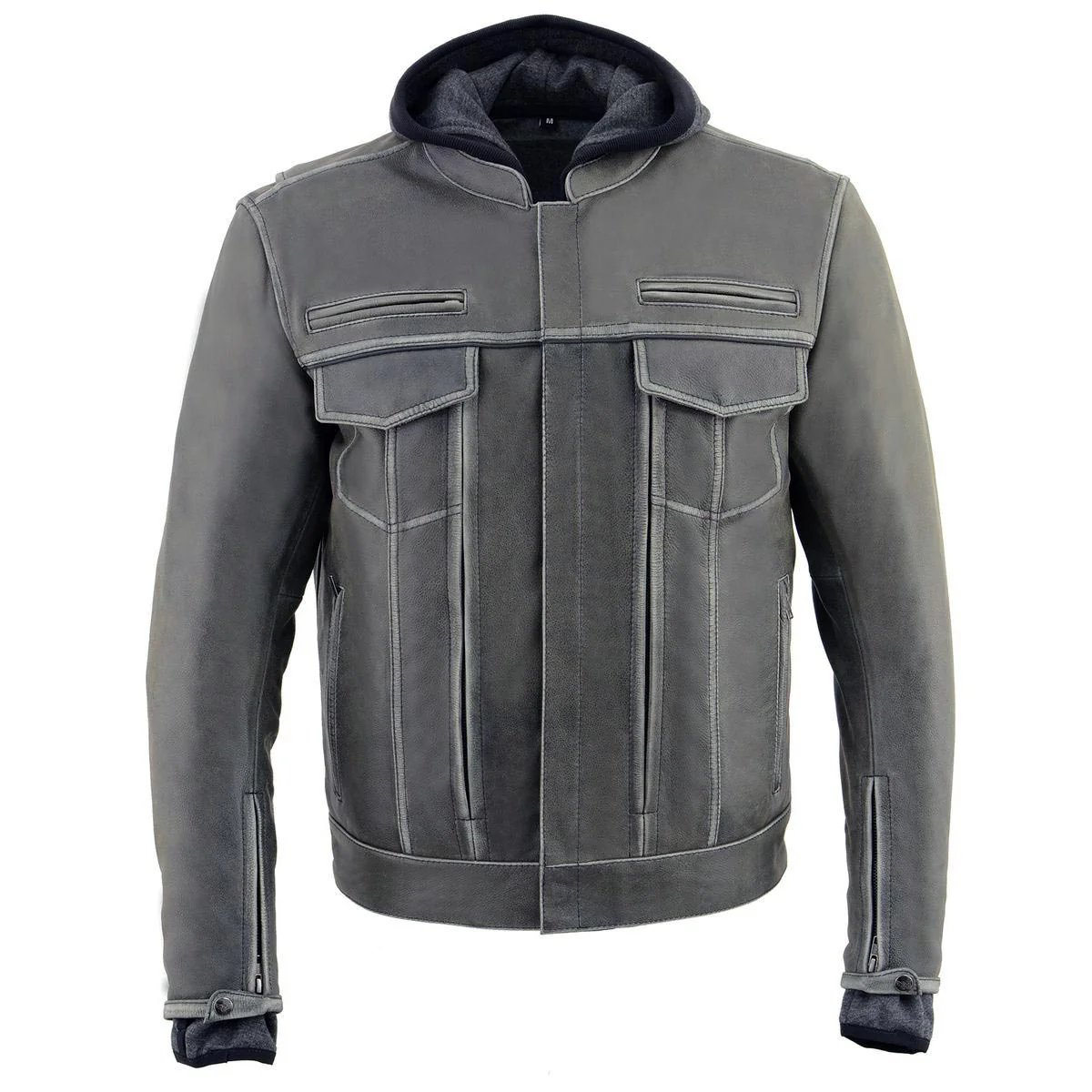 Milwaukee Leather MLM1539 Men's Distressed Grey Leather ‘Utility Pocket’ Vented Jacket with Removable Hoodie - Image 10