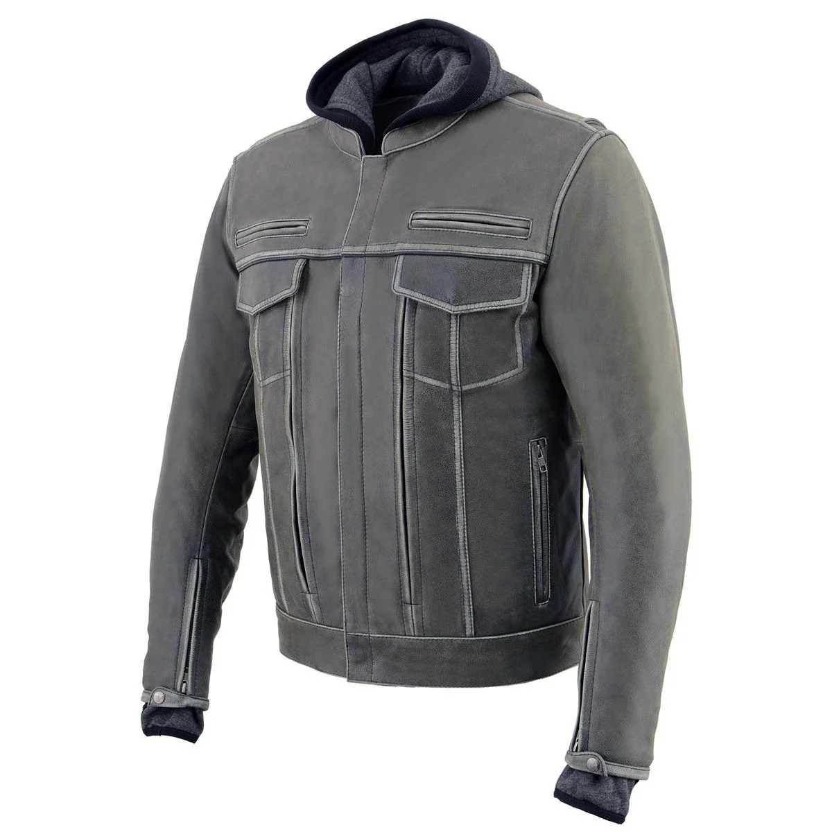 Milwaukee Leather MLM1539 Men's Distressed Grey Leather ‘Utility Pocket’ Vented Jacket with Removable Hoodie - Image 12