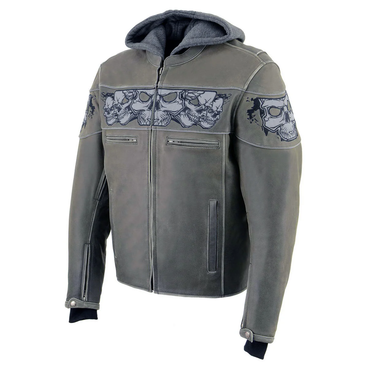 Milwaukee Leather MLM1562 Men's Distressed Grey Leather Jacket with Reflective Skulls - Image 11