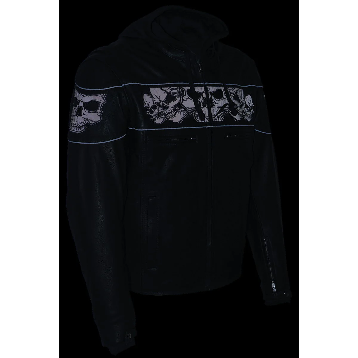 Milwaukee Leather MLM1563 Men's Black Leather Scooter Style Motorcycle Jacket with Reflective Skulls w/ Hoodie - Image 6