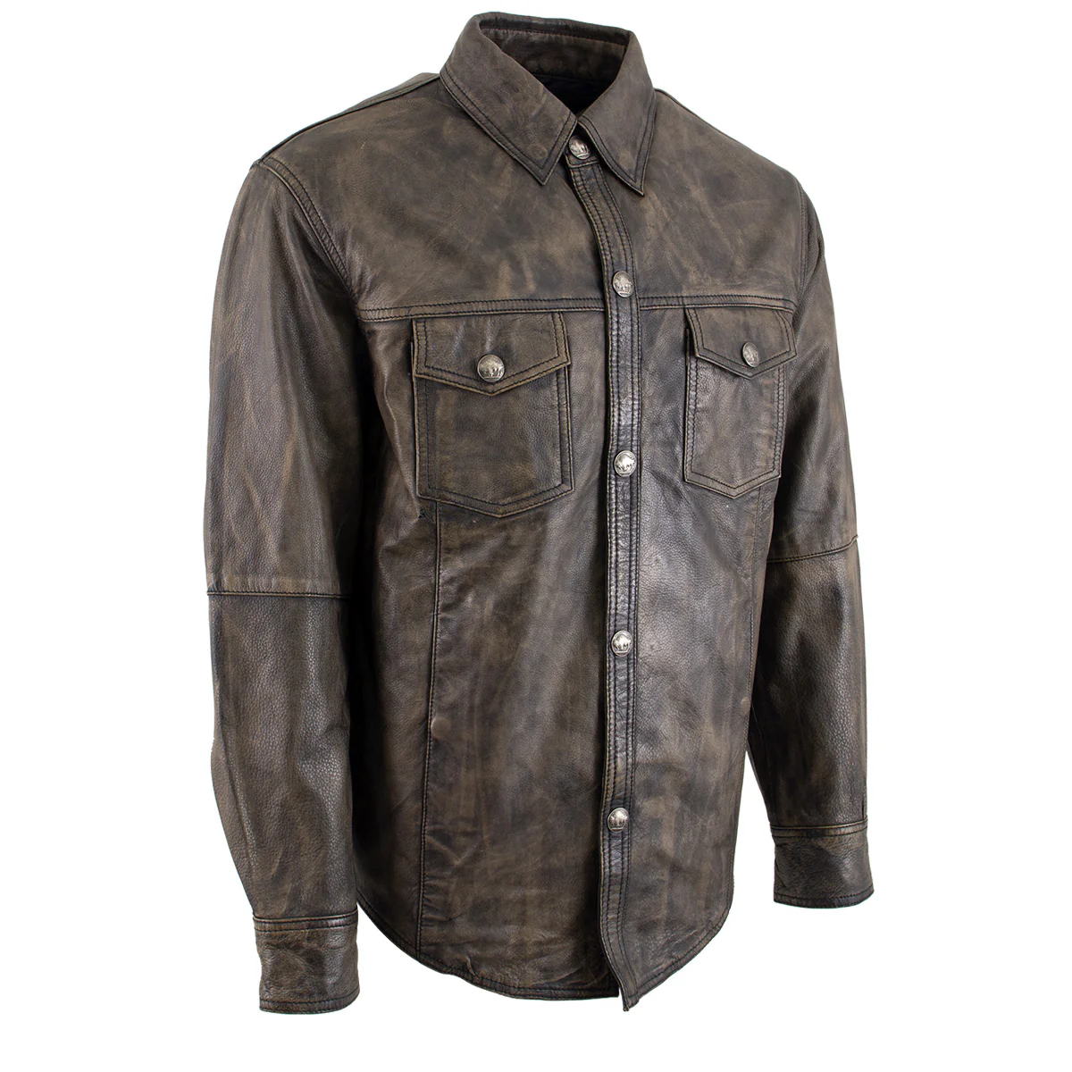 Milwaukee Leather MLM1613 Men's Distressed Brown Casual Biker Rider Leather Shirt w/ Vintage 5 Cent Buffalo Buttons