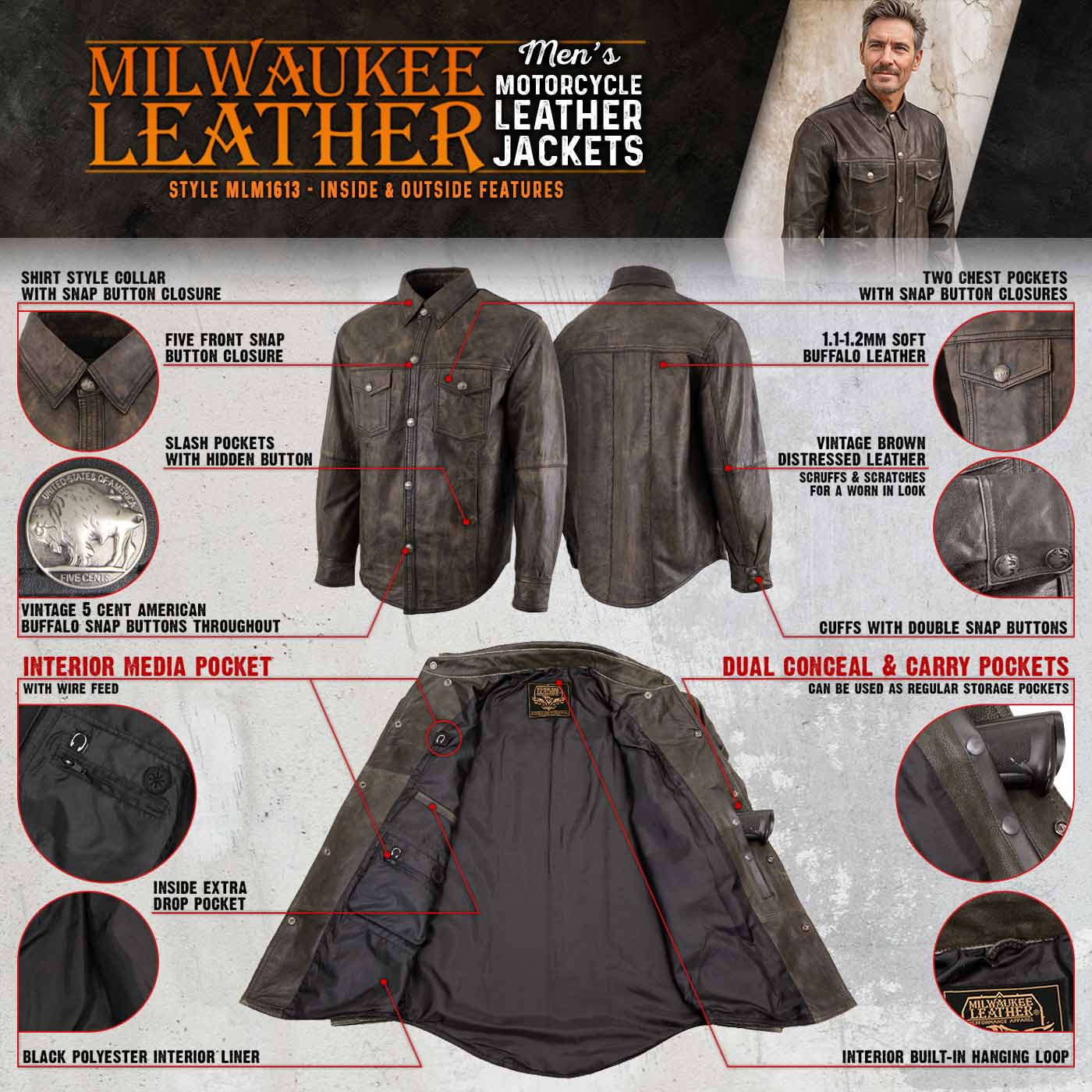 Milwaukee Leather MLM1613 Men's Distressed Brown Casual Biker Rider Leather Shirt w/ Vintage 5 Cent Buffalo Buttons - Image 2