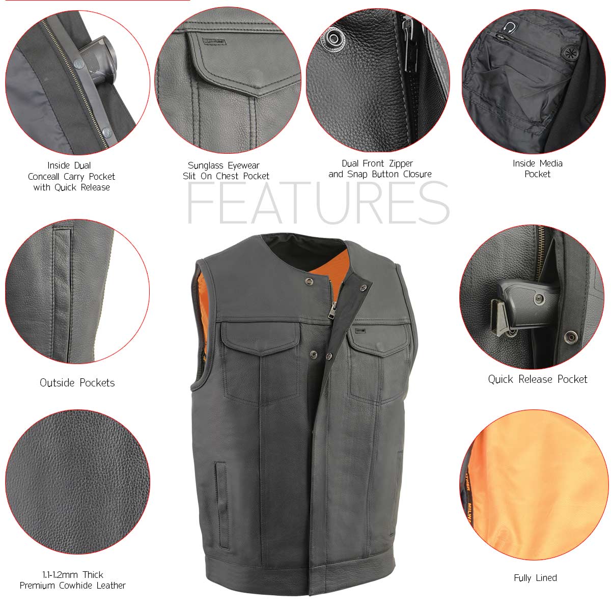 Milwaukee Leather Men's MLM3515 Black Premium Collarless Club Style Motorcycle Vest w/ Cool-Tec Leather Treatment - Image 4