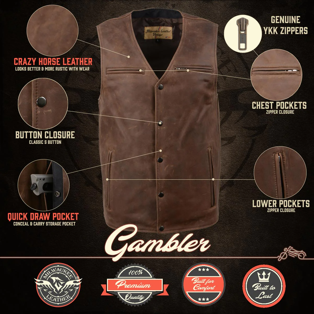 Milwaukee Leather MLM3518 Men's Gambler Snap Front Vintage Crazy Horse Brown Motorcycle Leather Vest - Image 2